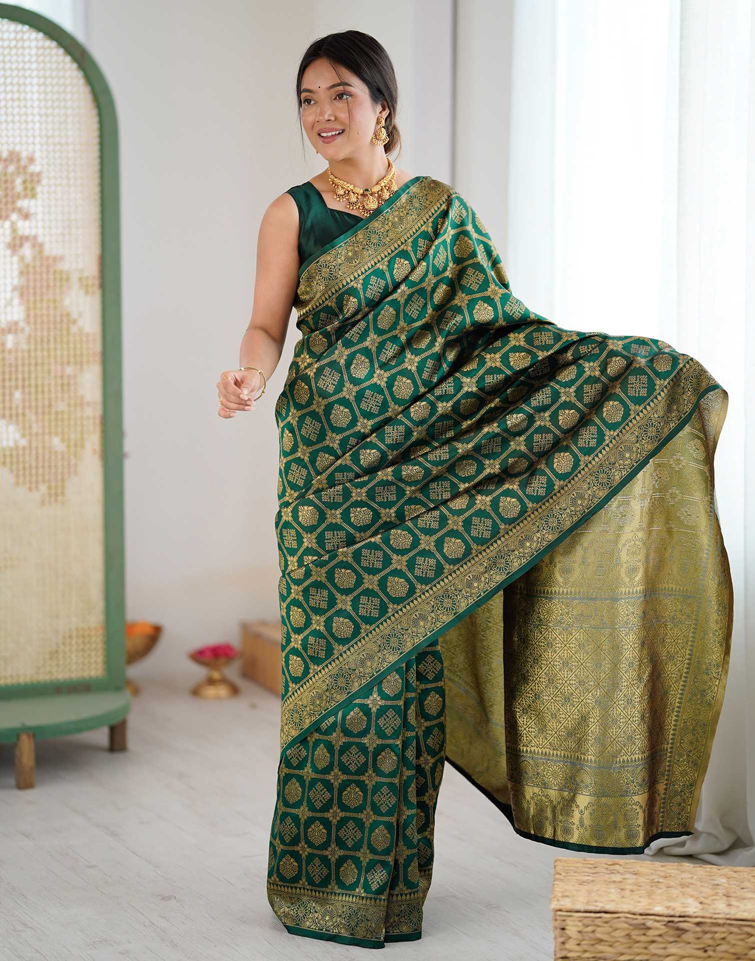Bottle Green Silk Woven Banarasi Saree - Image 6