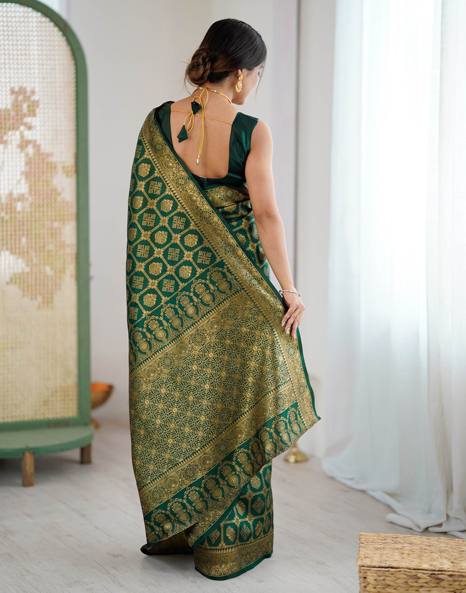 Bottle Green Silk Woven Banarasi Saree - Image 7