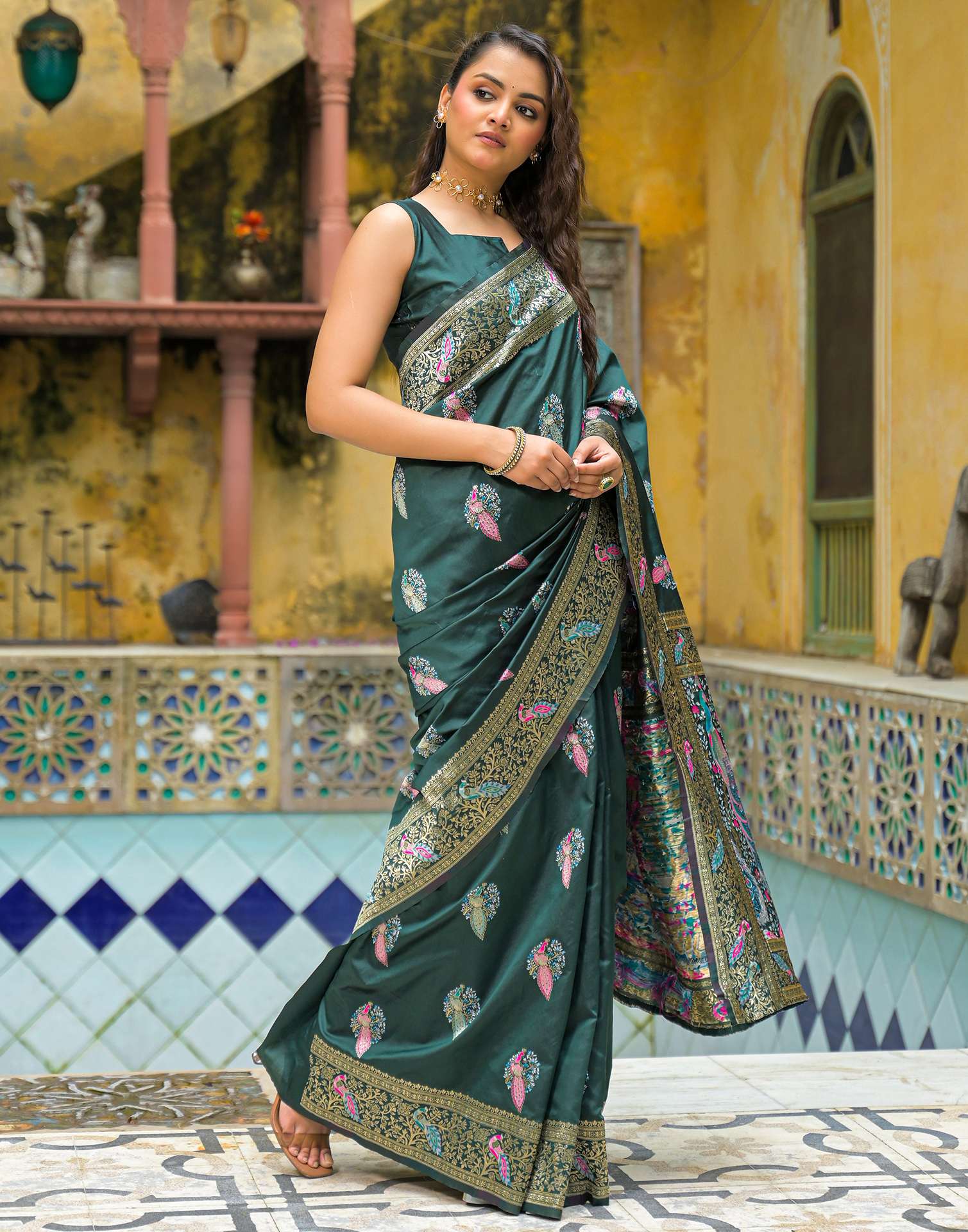 Bottle Green Silk Woven Banarasi Saree - Image 5
