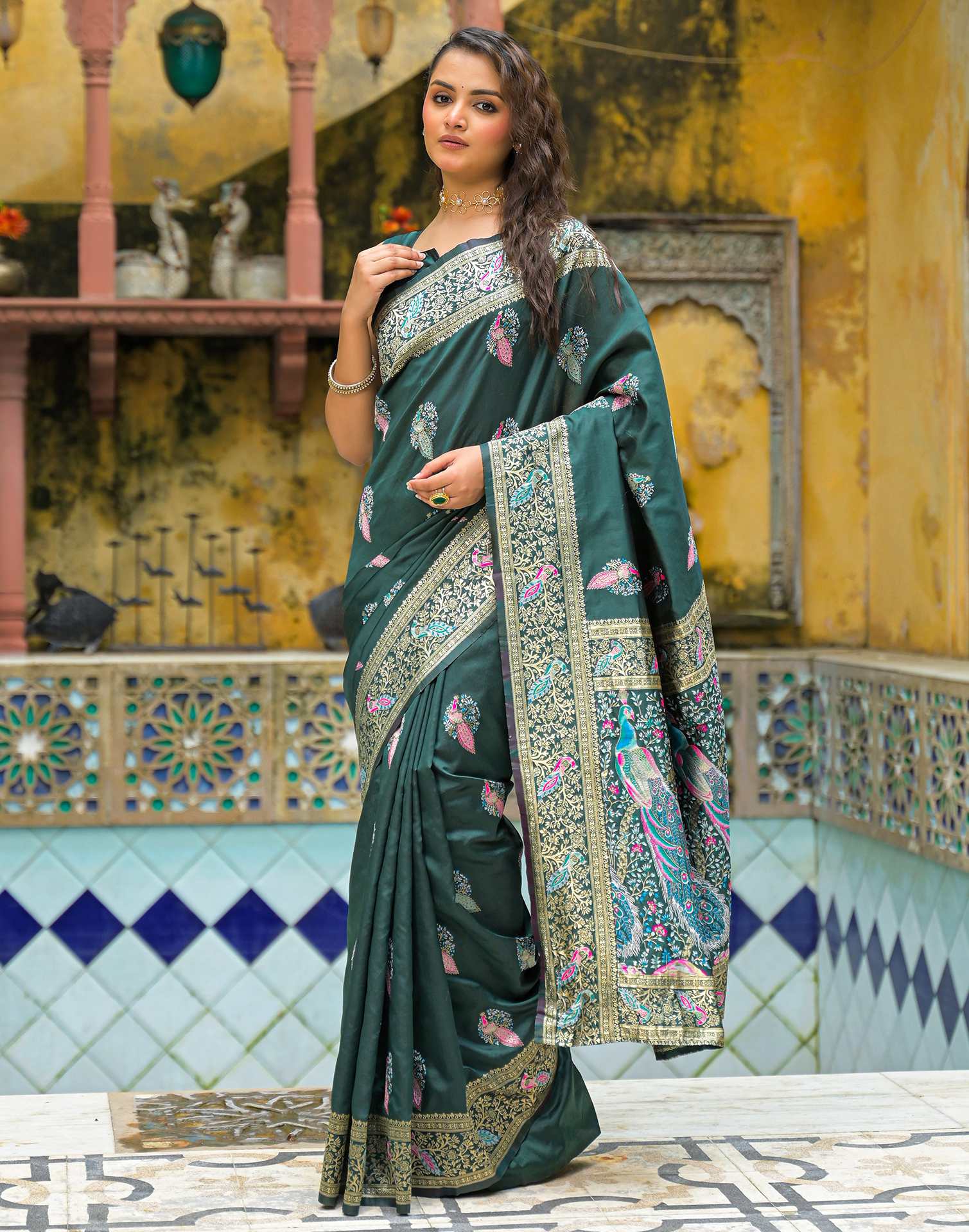 Bottle Green Silk Woven Banarasi Saree - Image 6