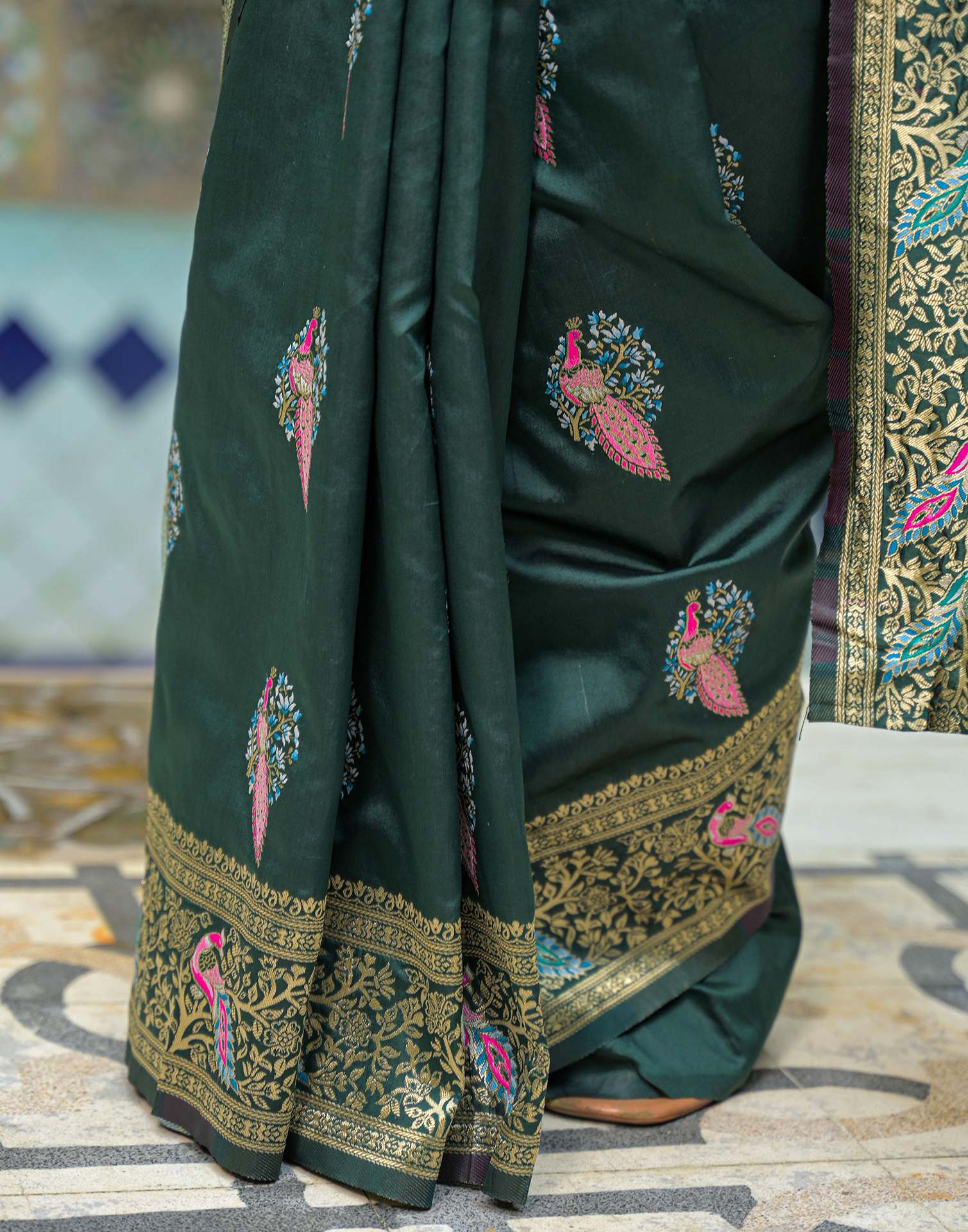 Bottle Green Silk Woven Banarasi Saree - Image 8