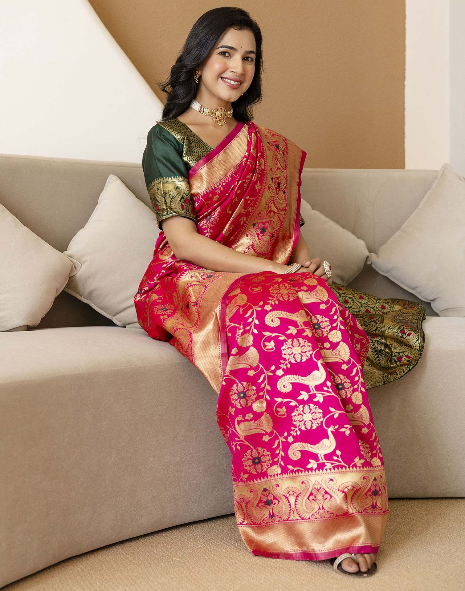 Pink Silk Woven Banarasi Saree - Image 12