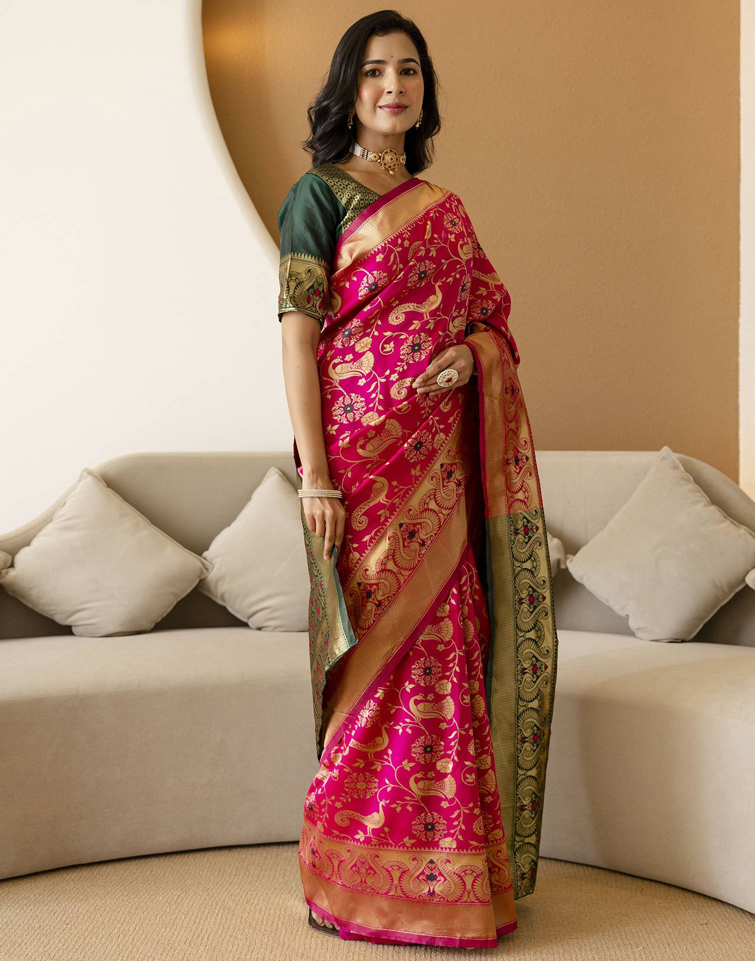 Pink Silk Woven Banarasi Saree - Image 6
