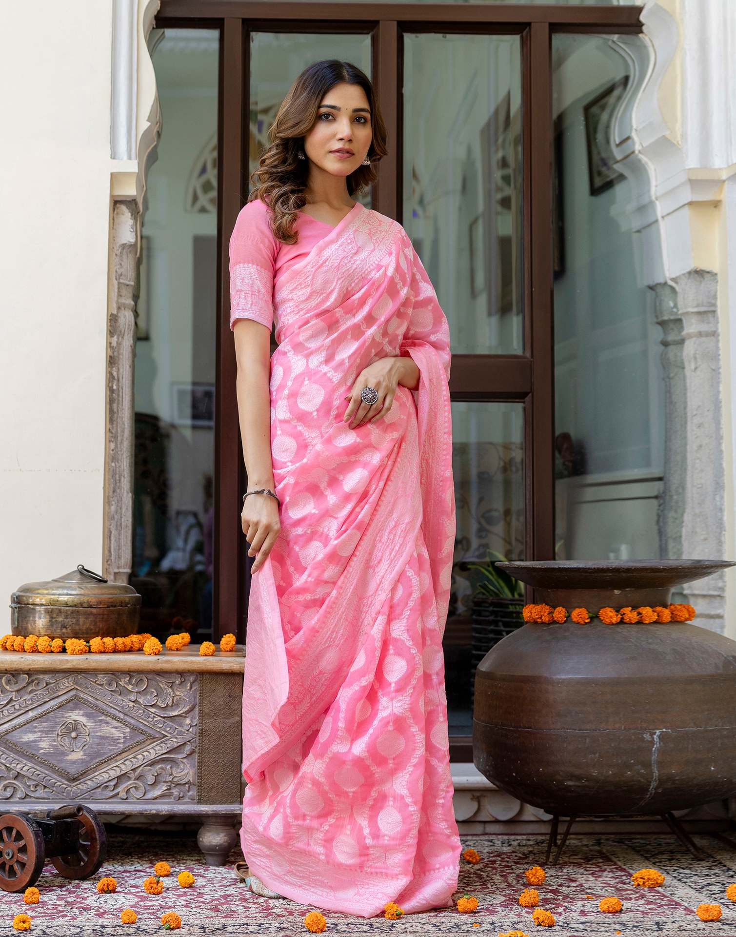 Bright Pink Cotton Woven Saree - Image 8
