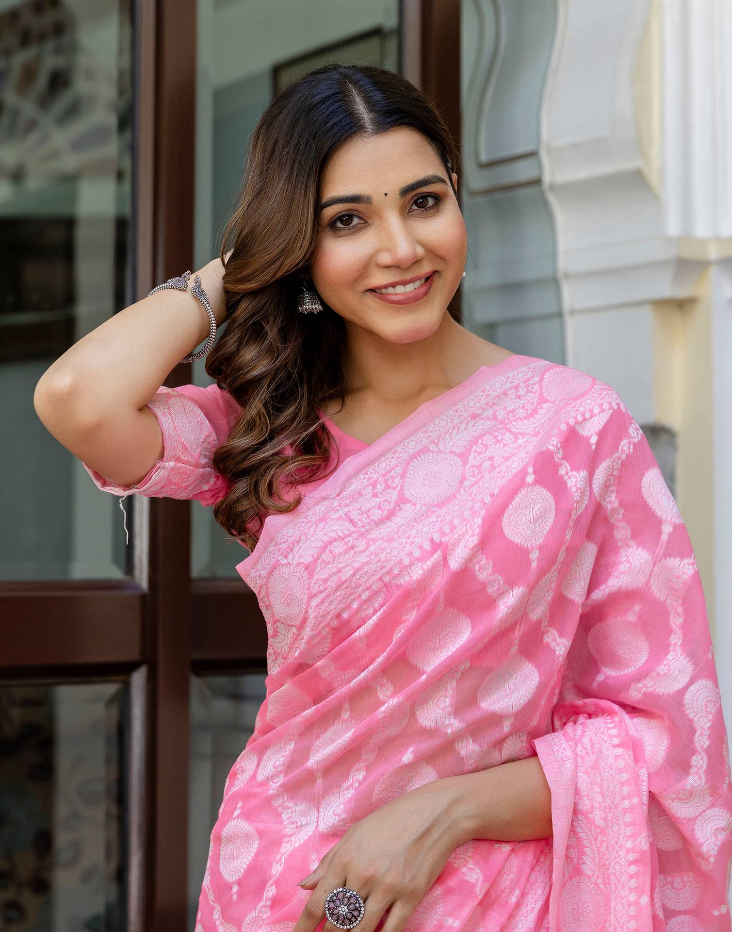 Bright Pink Cotton Woven Saree - Image 9