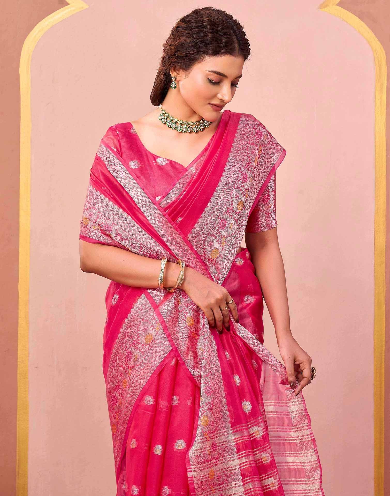 Bright Pink Organza Woven Saree - Image 2