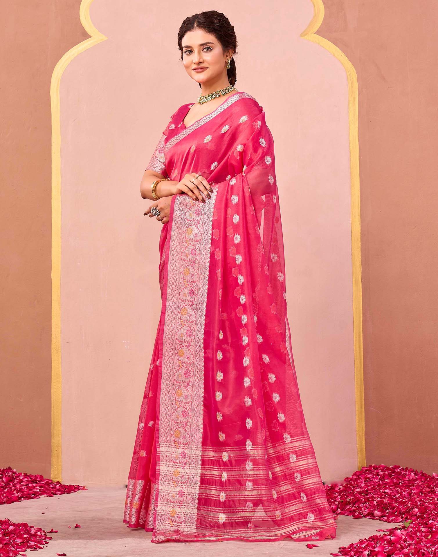 Bright Pink Organza Woven Saree - Image 4