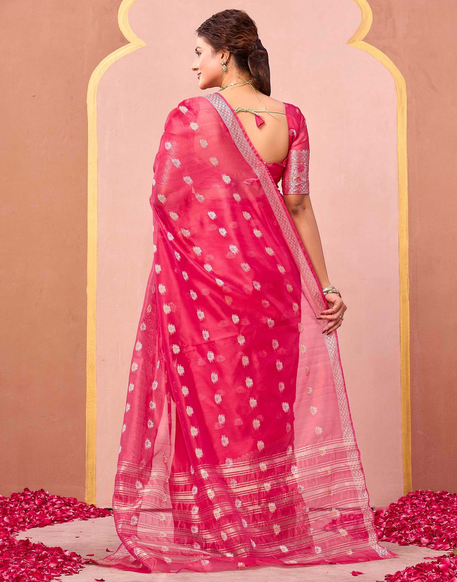 Bright Pink Organza Woven Saree - Image 6