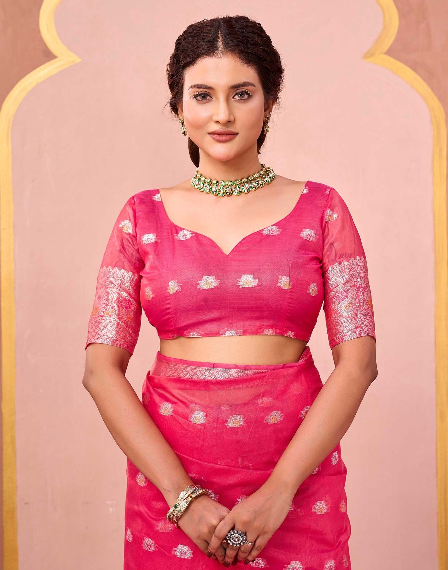 Bright Pink Organza Woven Saree - Image 7