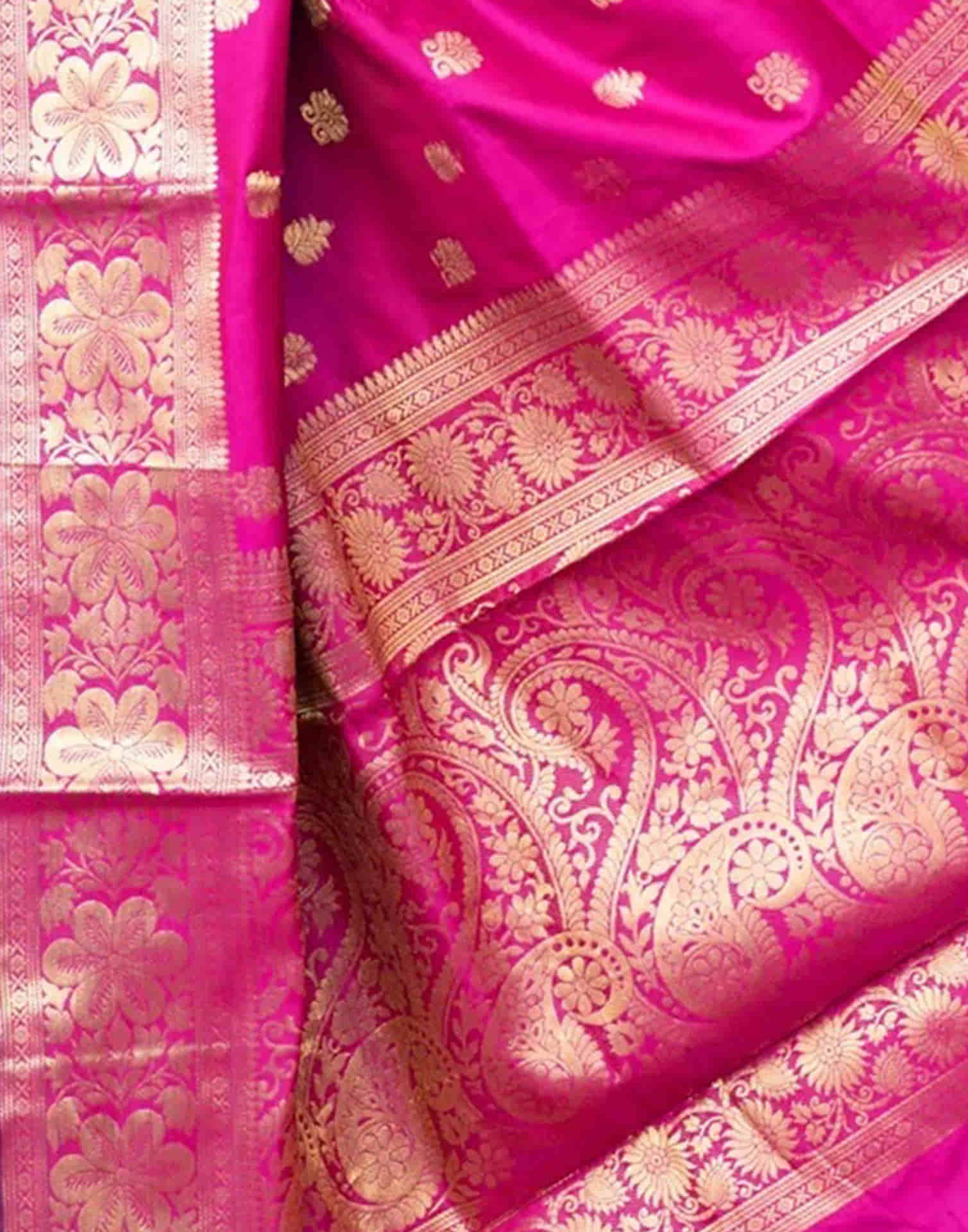 Bright Pink Silk Woven Banarasi Saree - Image 6