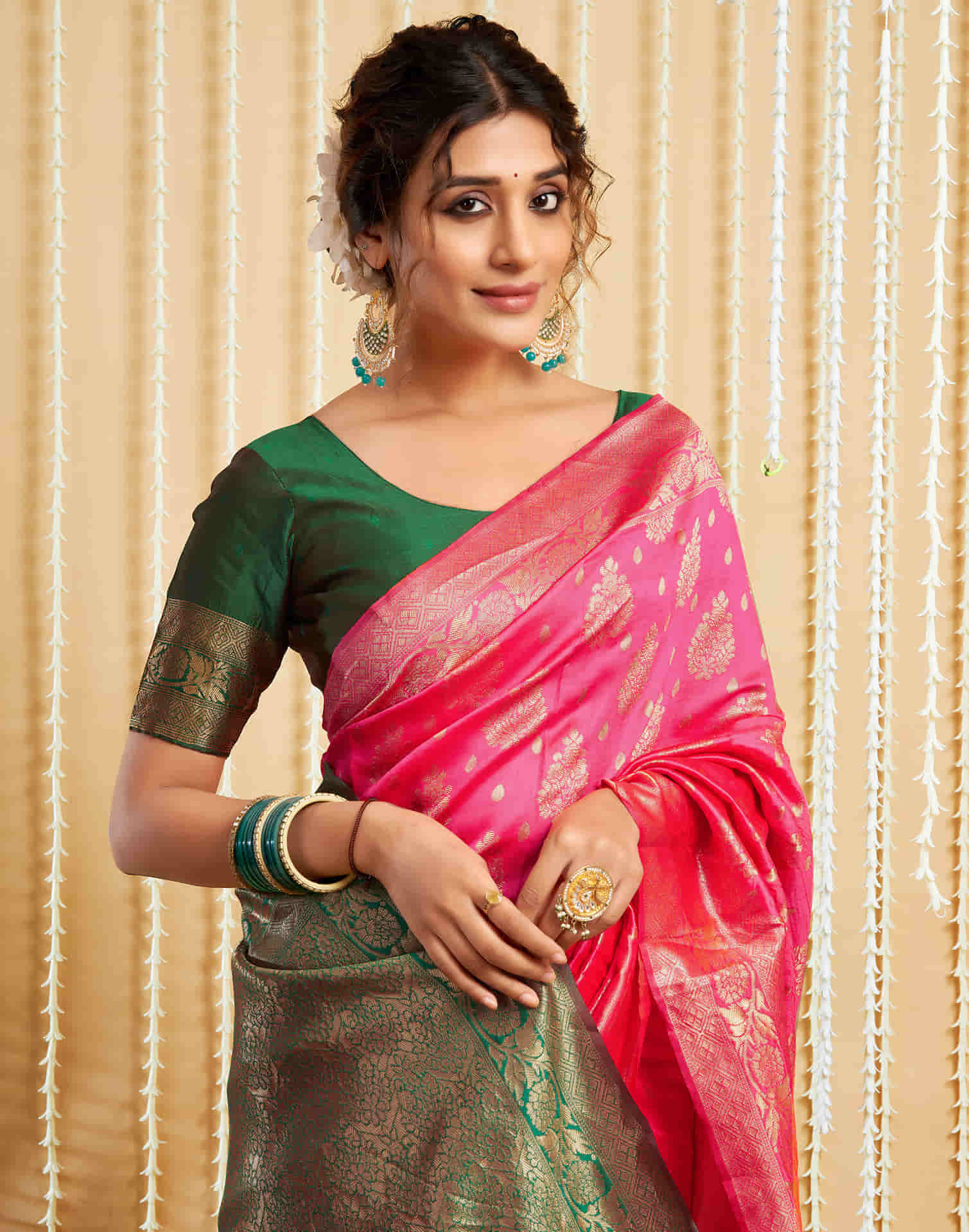 Bright Pink Silk Woven Banarasi Saree - Image 2