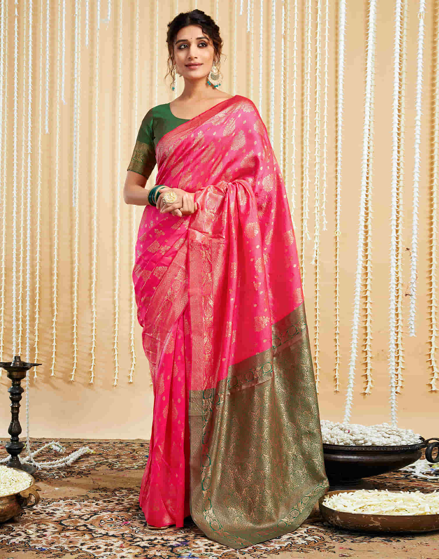 Bright Pink Silk Woven Banarasi Saree - Image 6