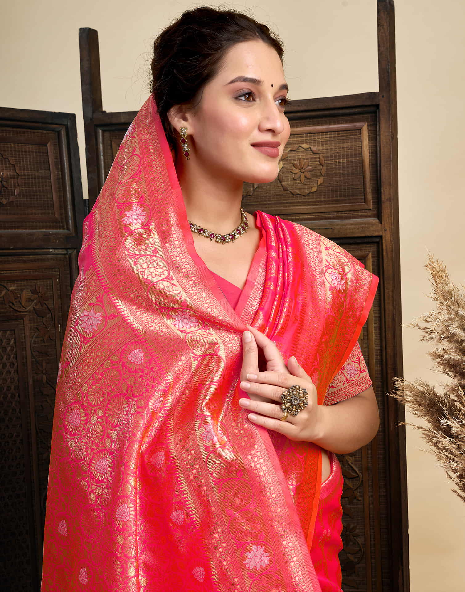Bright Pink Silk Woven Banarasi Saree - Image 2