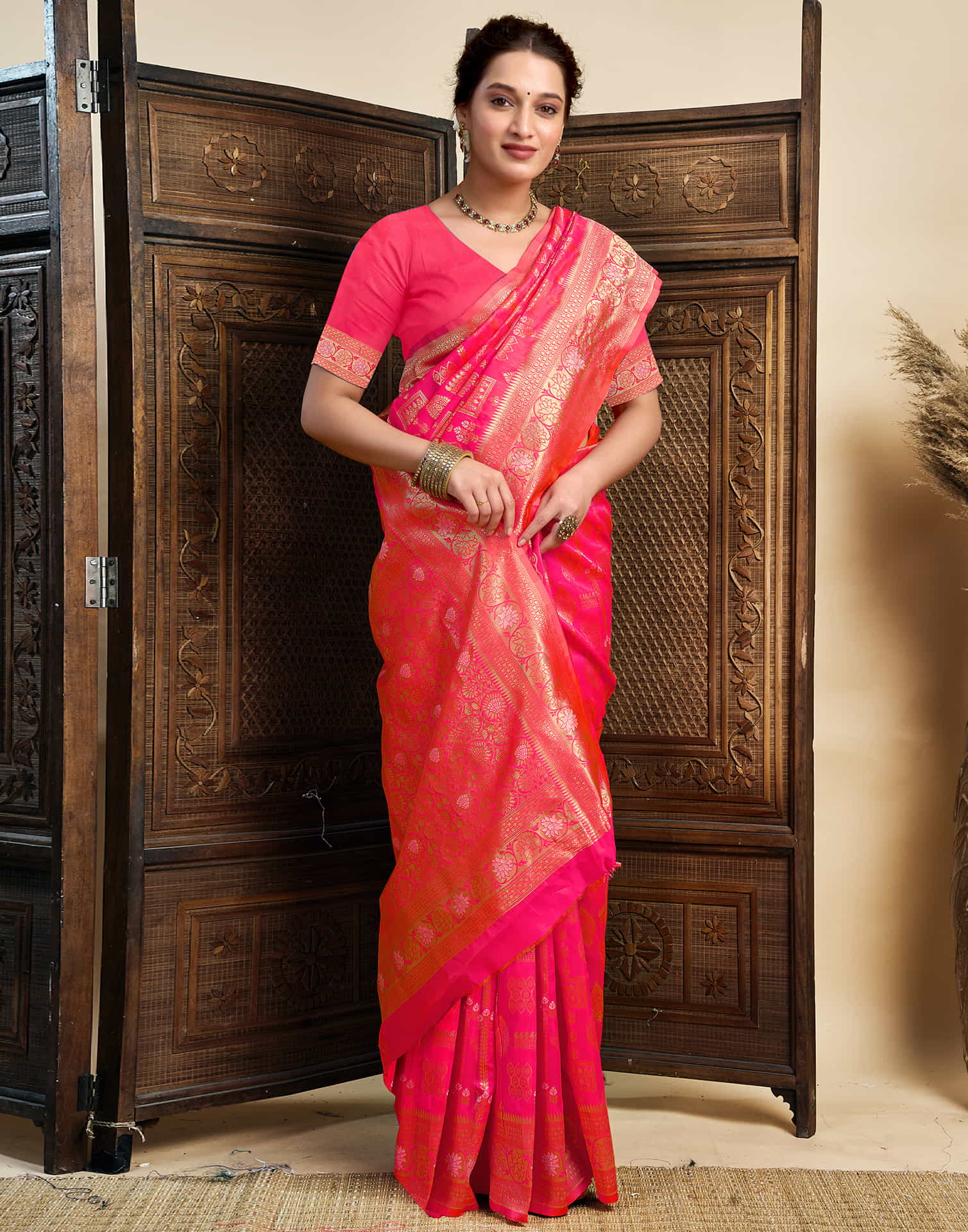 Bright Pink Silk Woven Banarasi Saree - Image 5