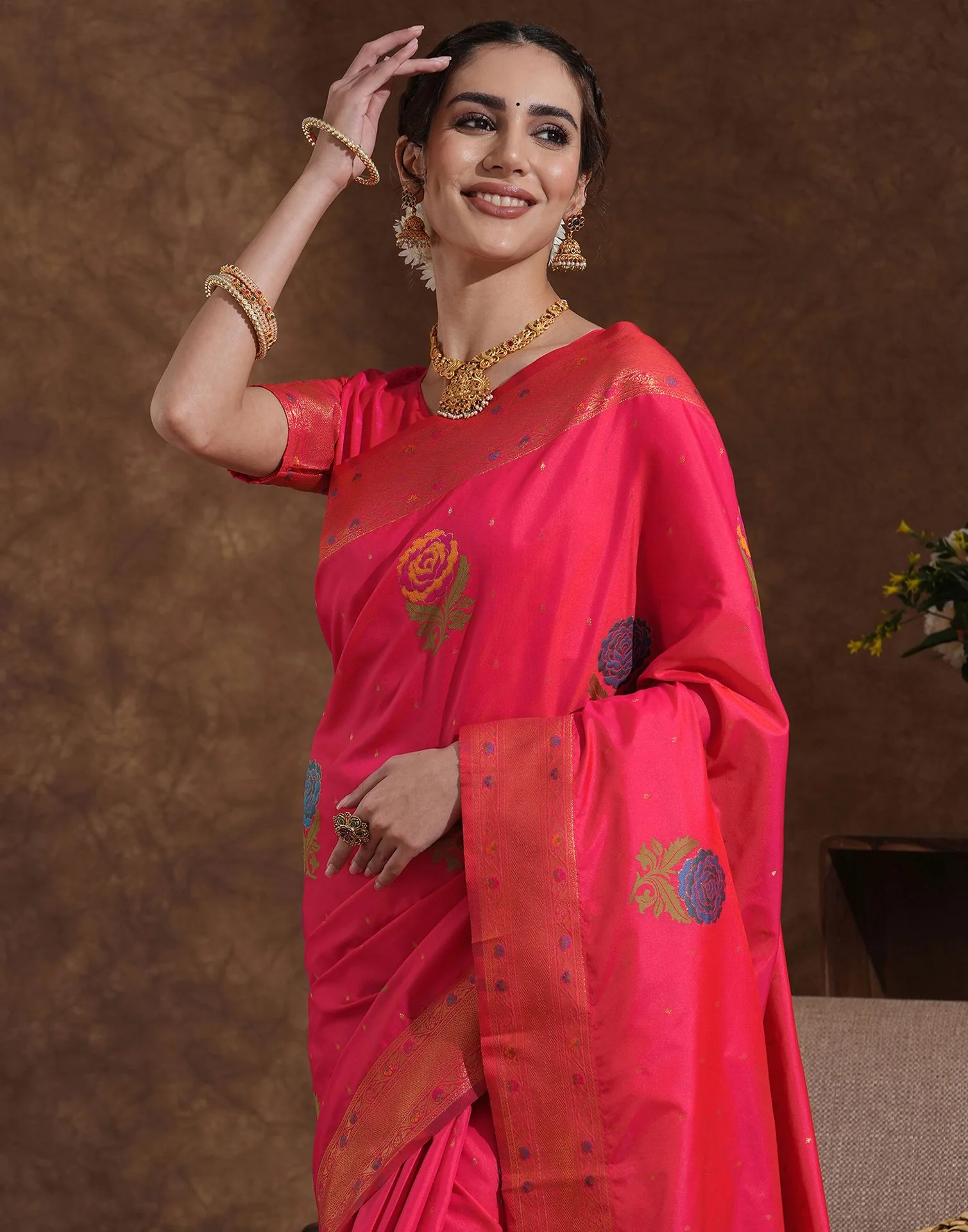 Bright Pink Silk Woven Banarasi Saree - Image 2