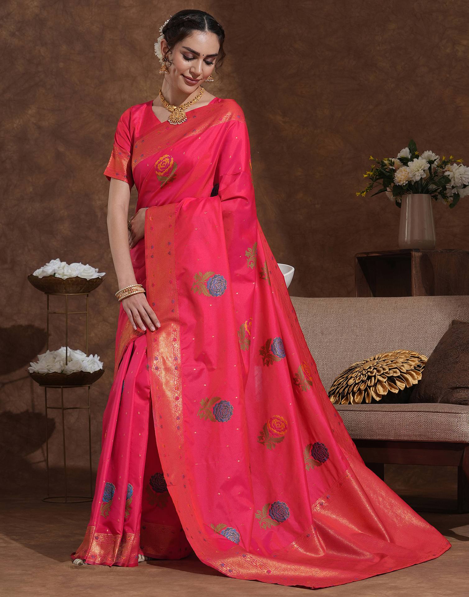 Bright Pink Silk Woven Banarasi Saree - Image 4