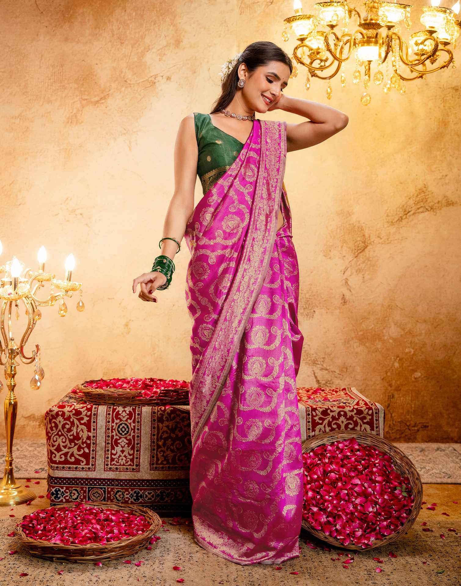 Bright Pink Silk Woven Banarasi Saree - Image 10