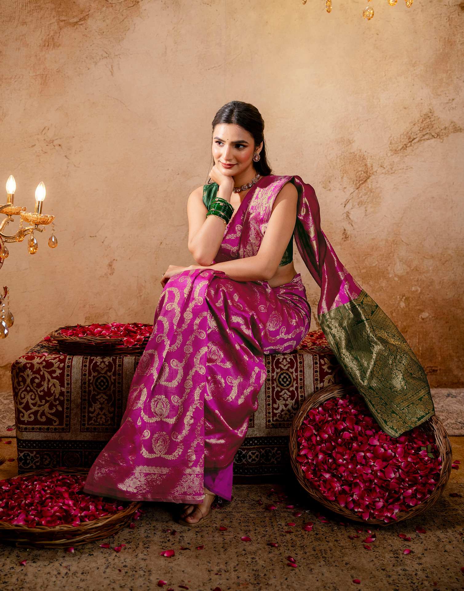 Bright Pink Silk Woven Banarasi Saree - Image 11