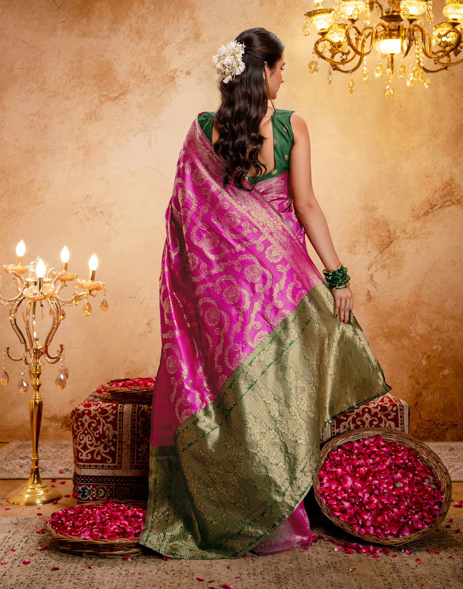 Bright Pink Silk Woven Banarasi Saree - Image 12