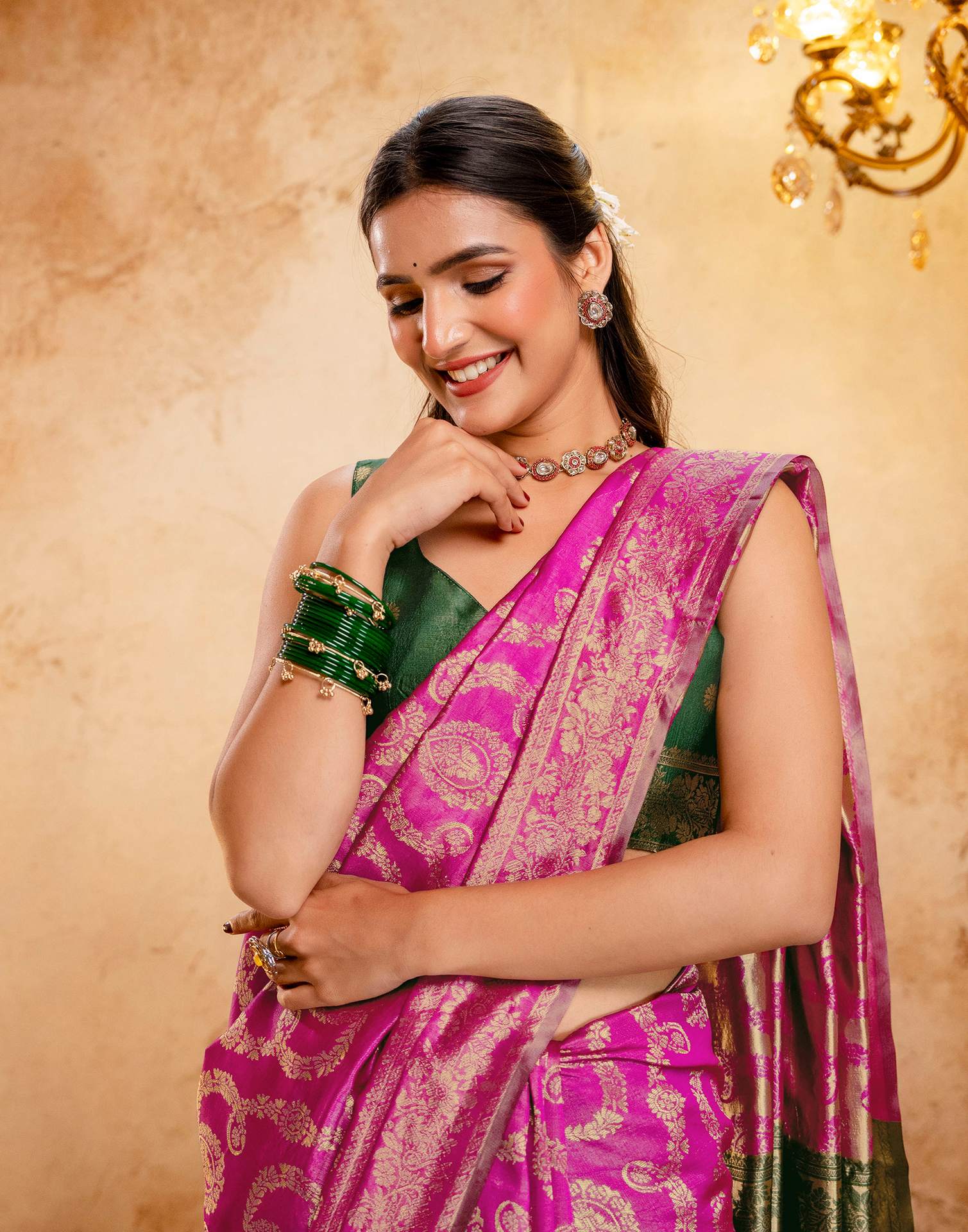 Bright Pink Silk Woven Banarasi Saree - Image 2