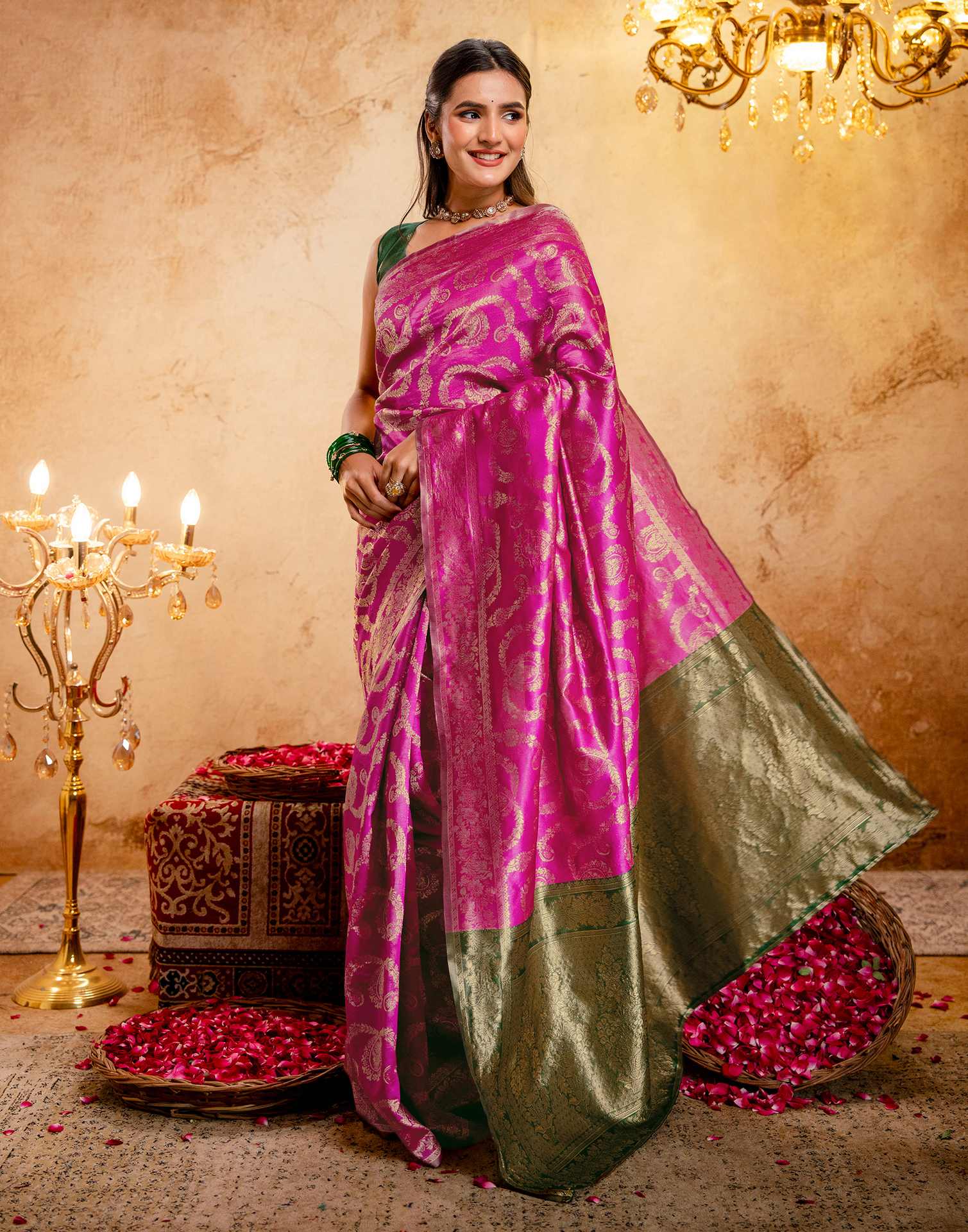 Bright Pink Silk Woven Banarasi Saree - Image 6