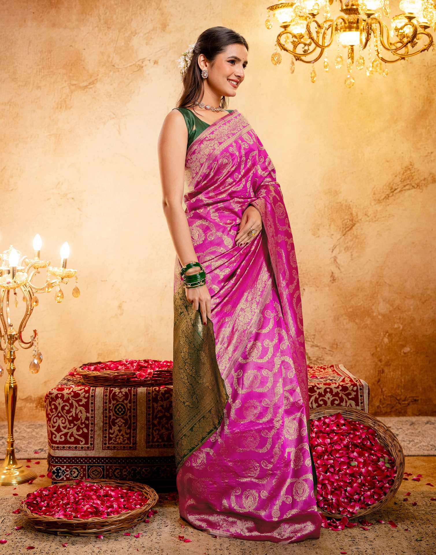 Bright Pink Silk Woven Banarasi Saree - Image 7