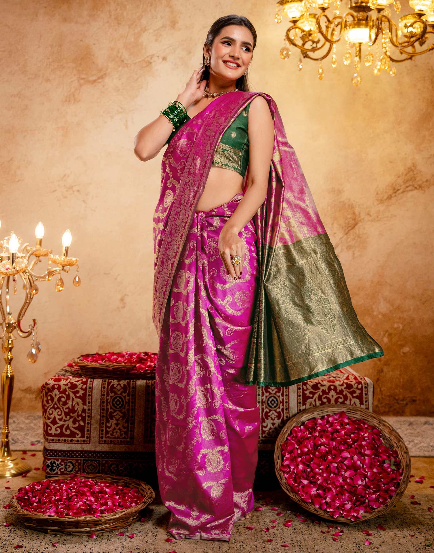 Bright Pink Silk Woven Banarasi Saree - Image 9