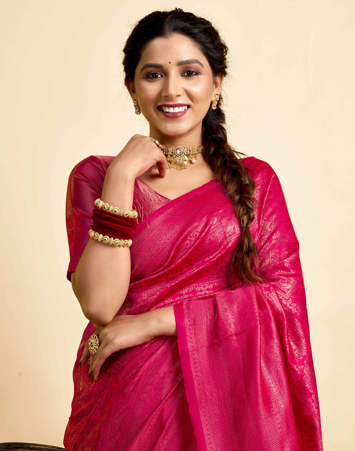 Bright Pink Silk Woven Kanjivaram Saree - Image 2