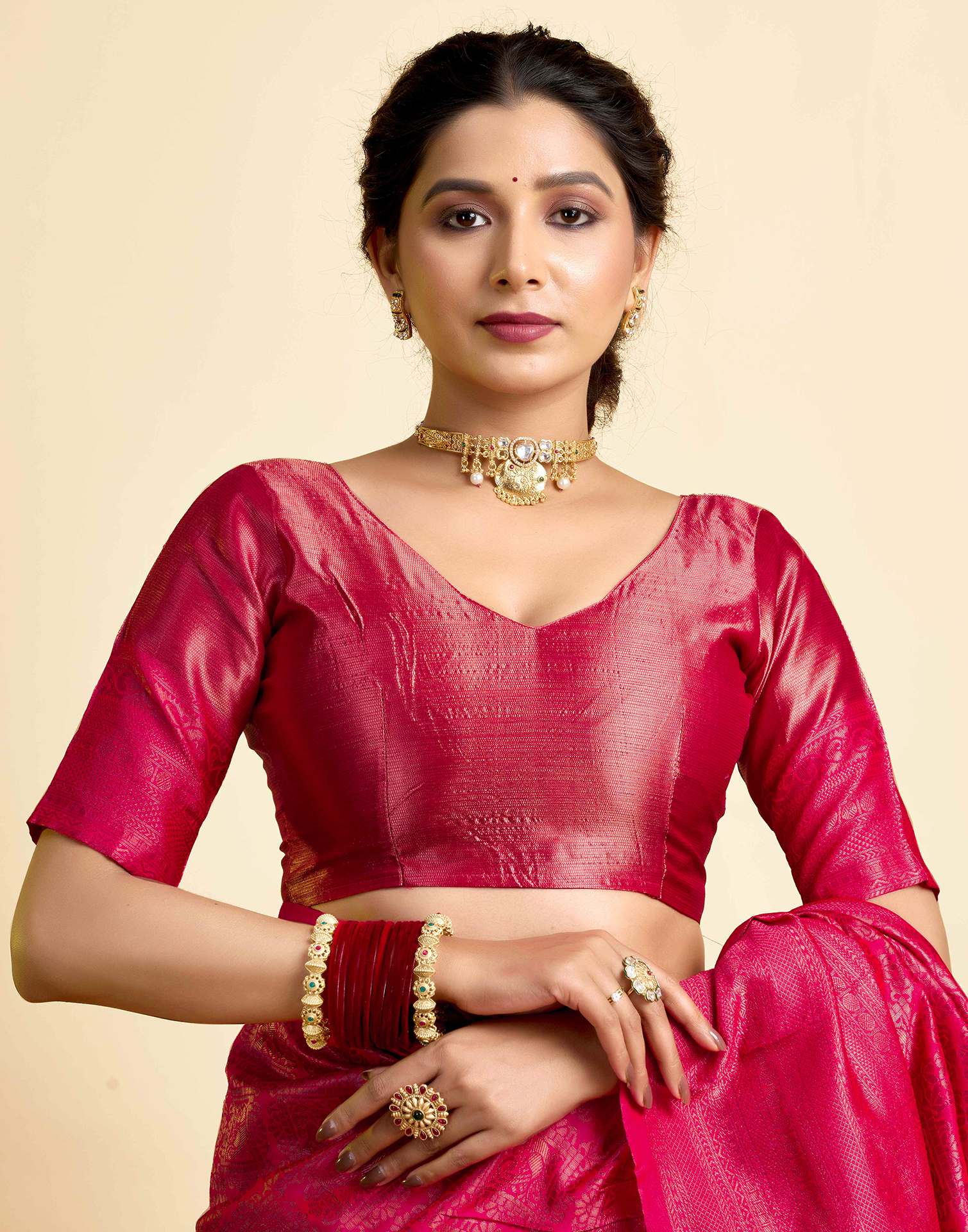 Bright Pink Silk Woven Kanjivaram Saree - Image 8