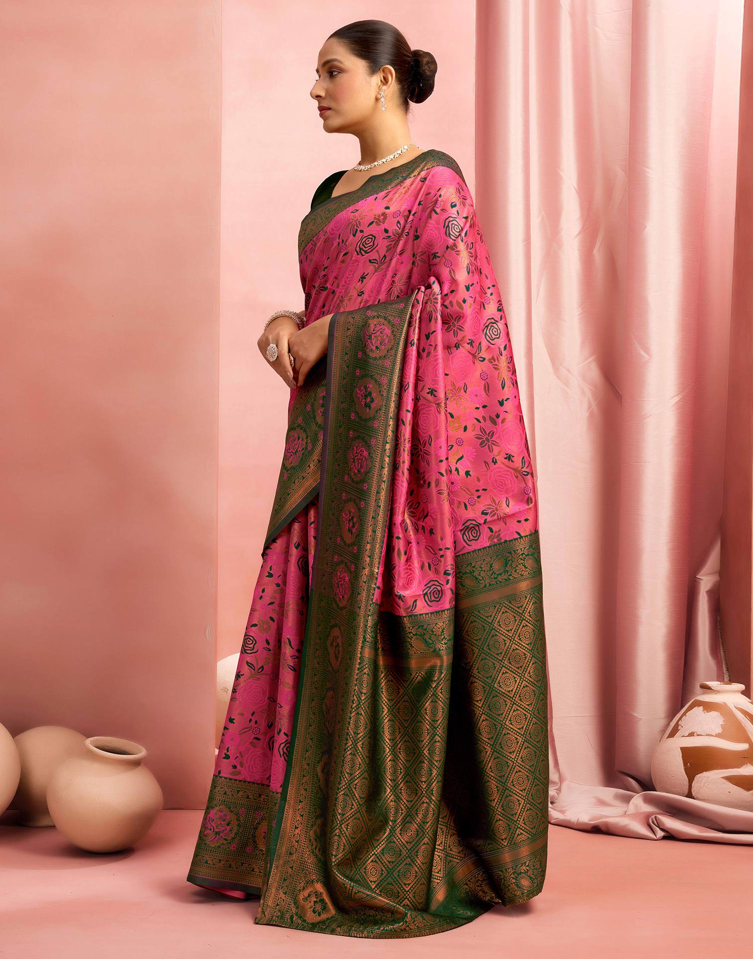 Bright Pink Silk Woven Kanjivaram Saree - Image 4