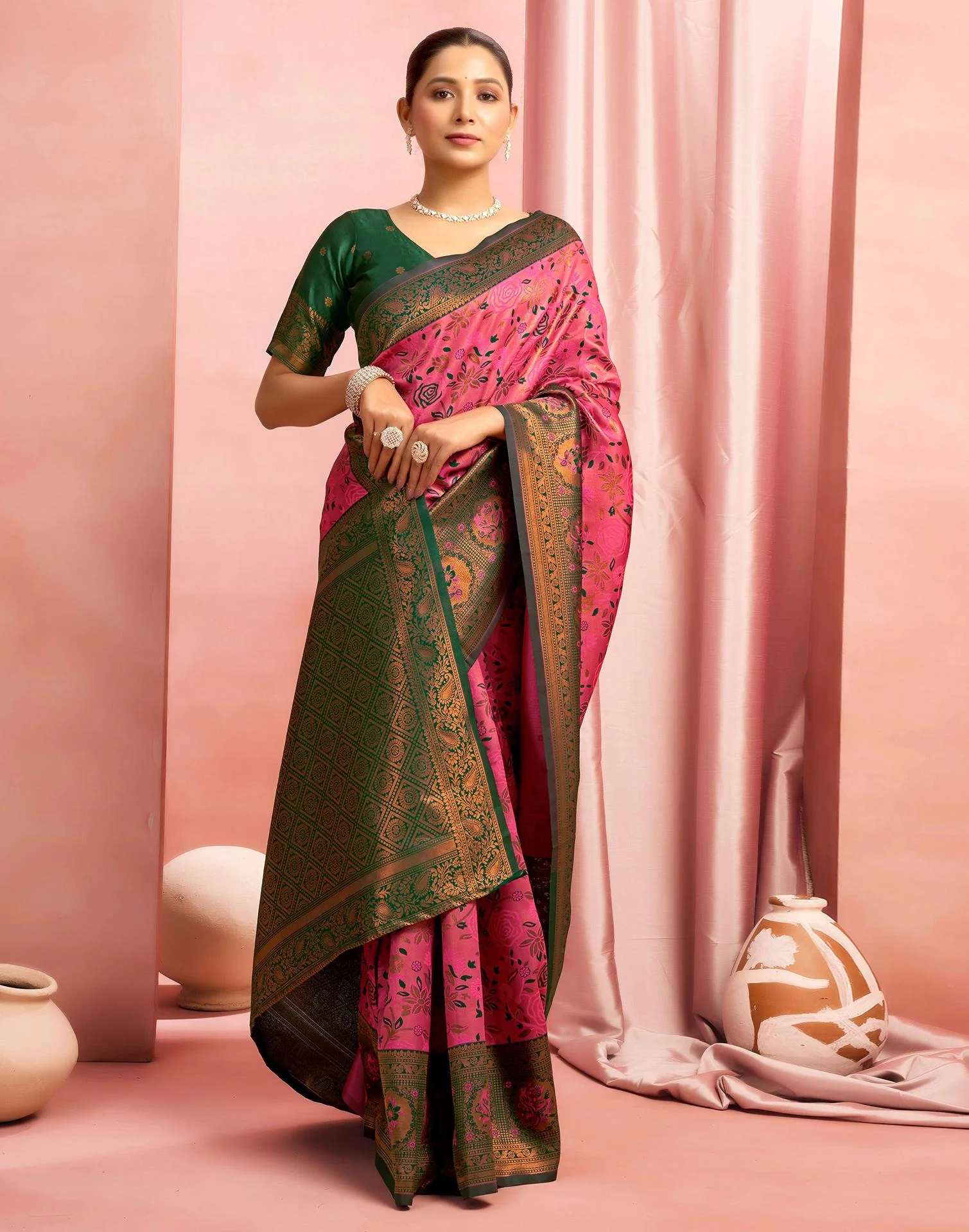 Bright Pink Silk Woven Kanjivaram Saree - Image 6