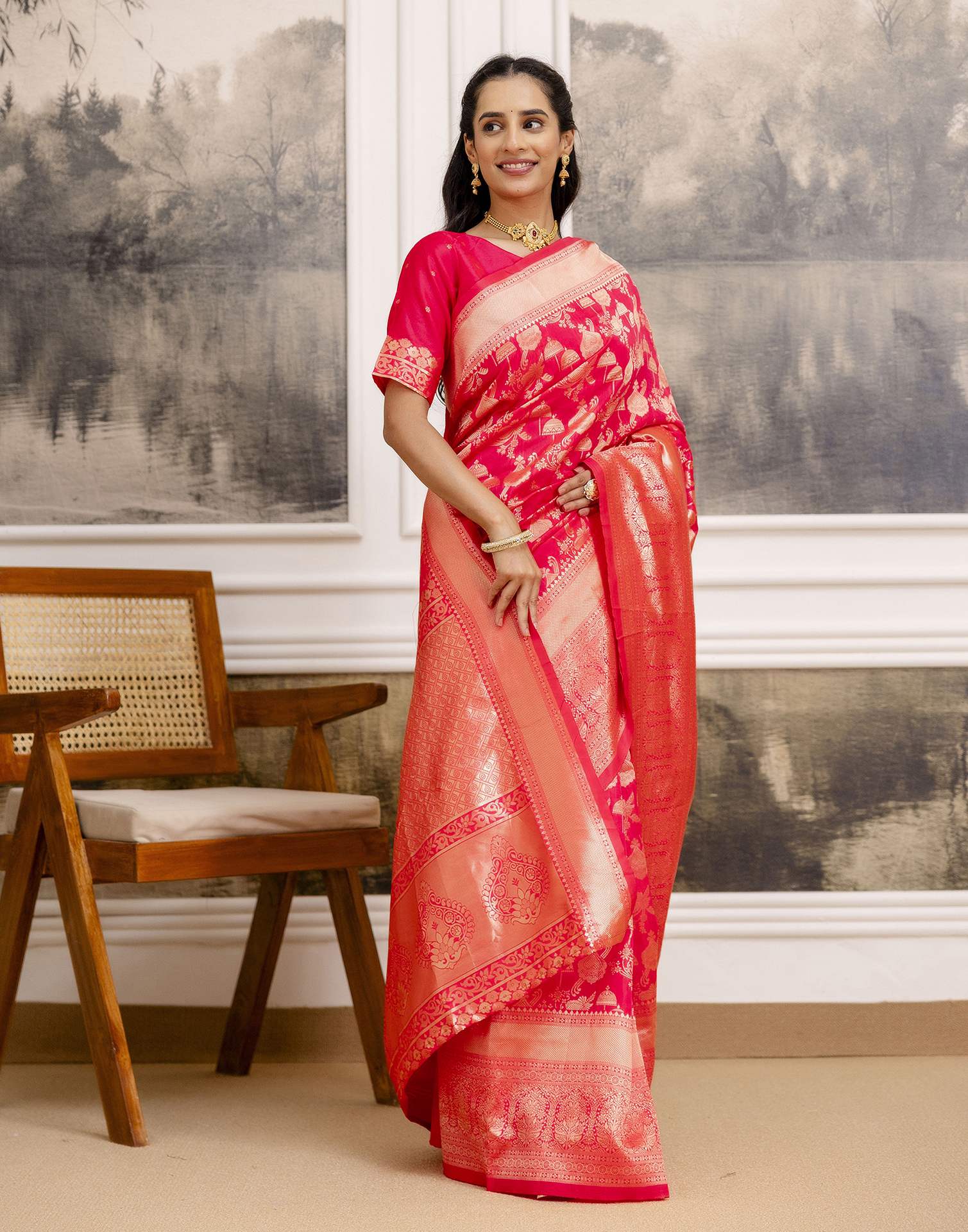 Bright Pink Silk Woven Banarasi Saree - Image 4