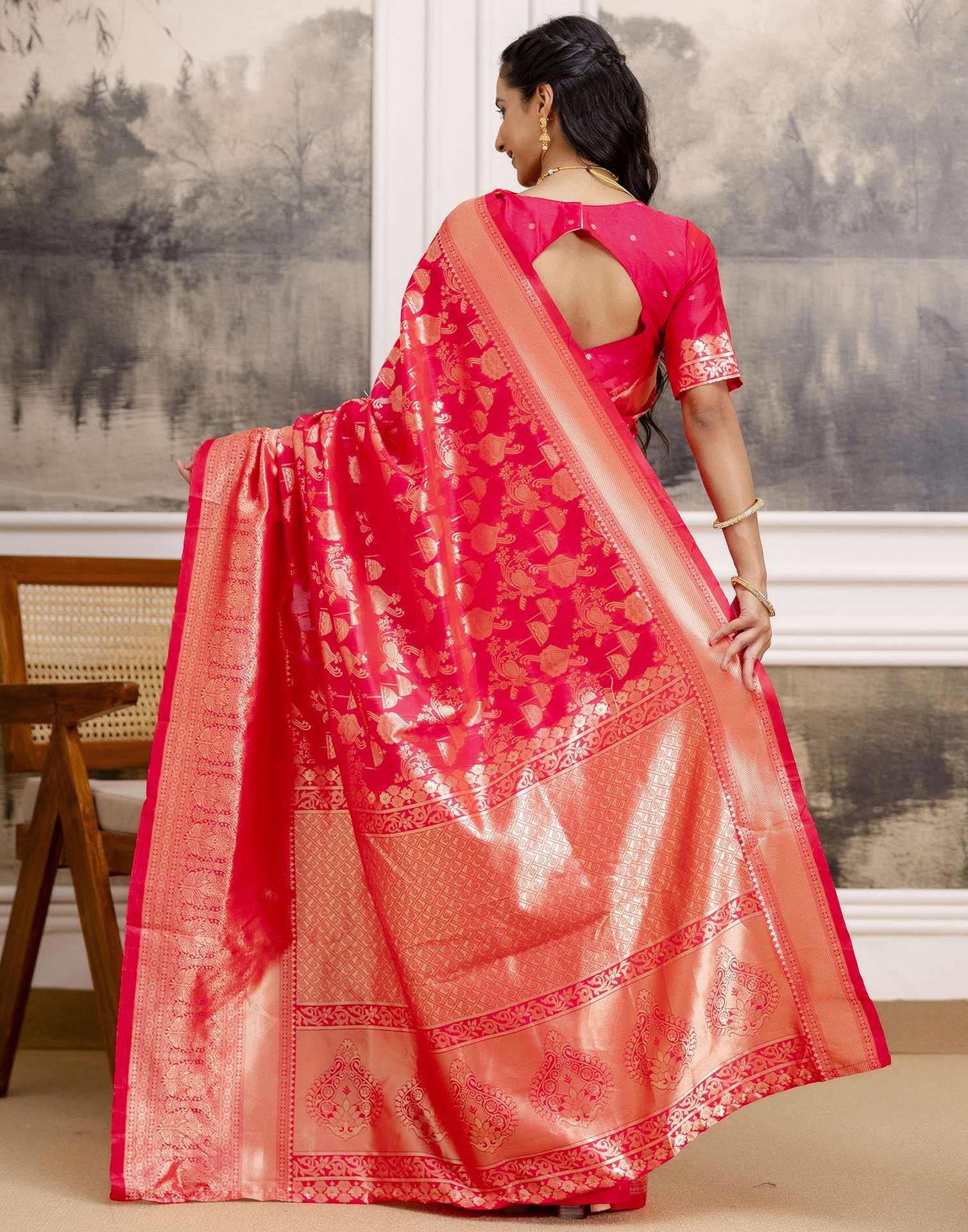 Bright Pink Silk Woven Banarasi Saree - Image 6