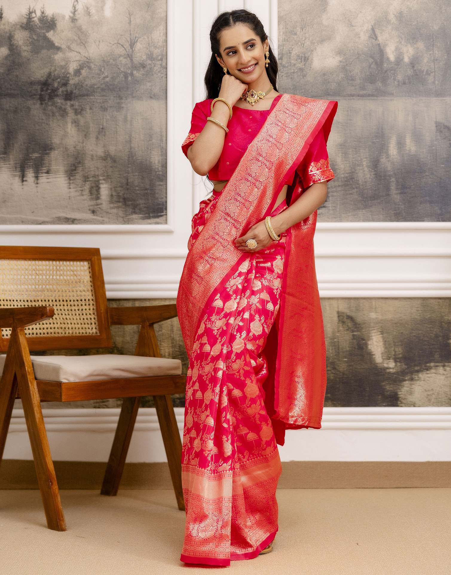 Bright Pink Silk Woven Banarasi Saree - Image 7
