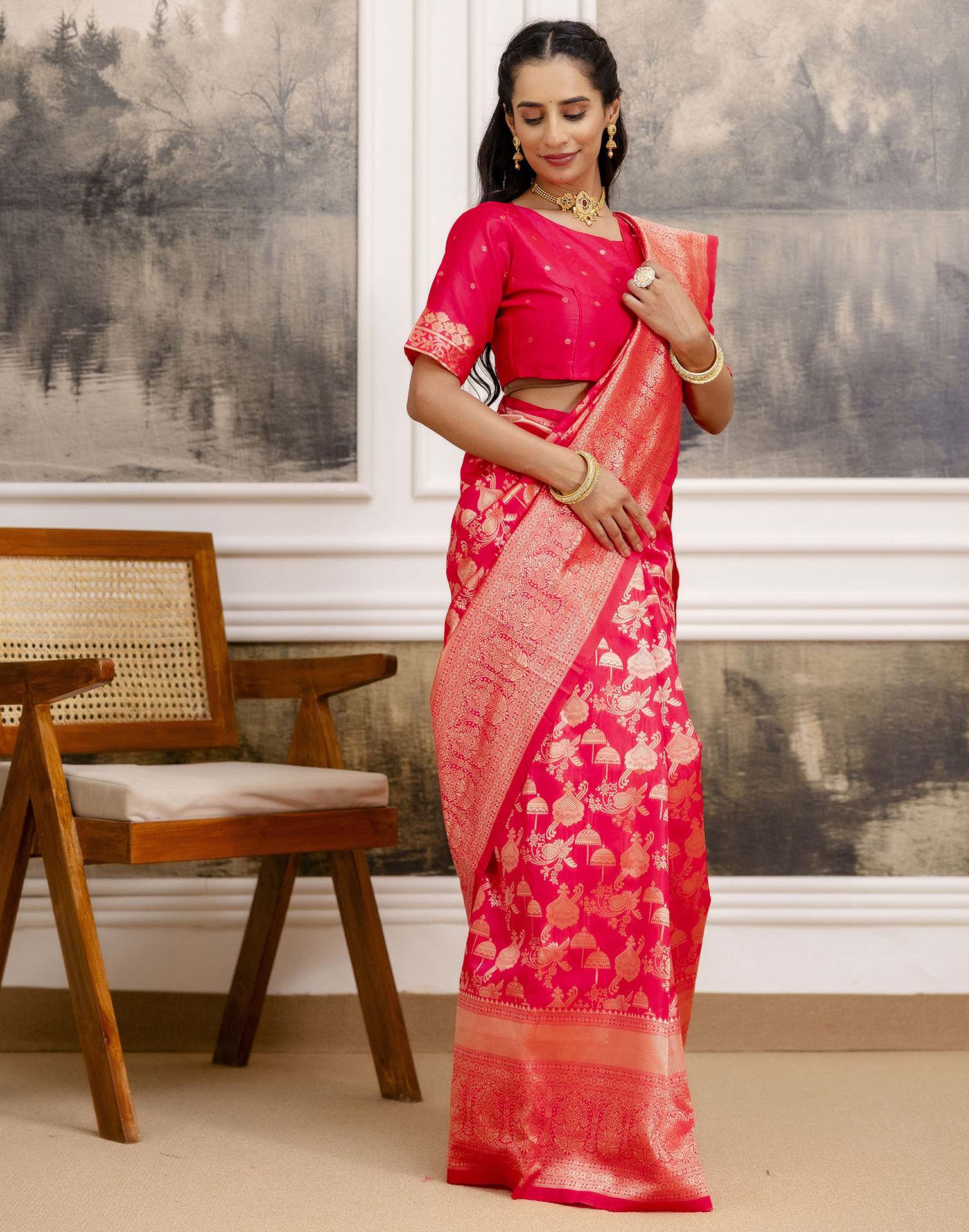 Bright Pink Silk Woven Banarasi Saree - Image 9