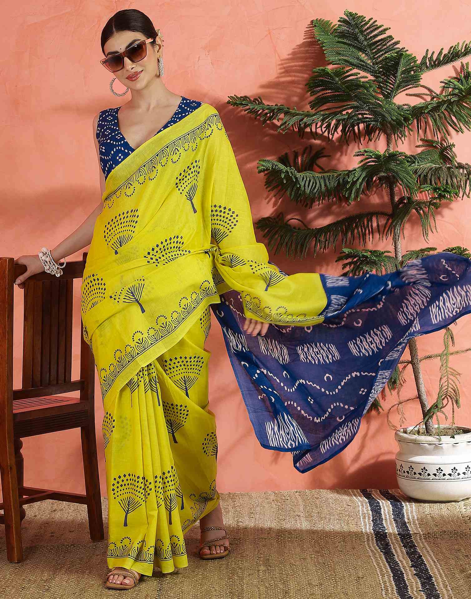 Bright Yellow Cotton Printed Saree - Image 6