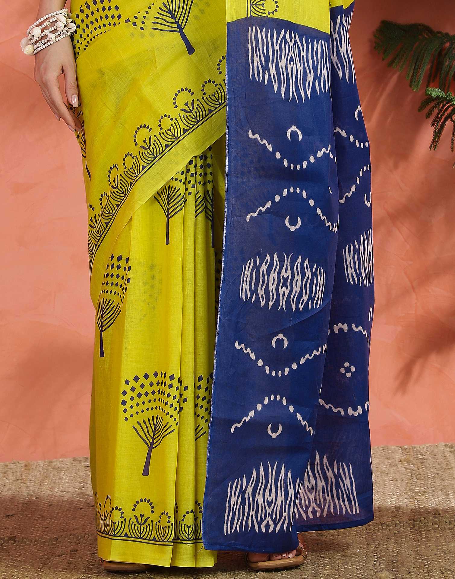 Bright Yellow Cotton Printed Saree - Image 8