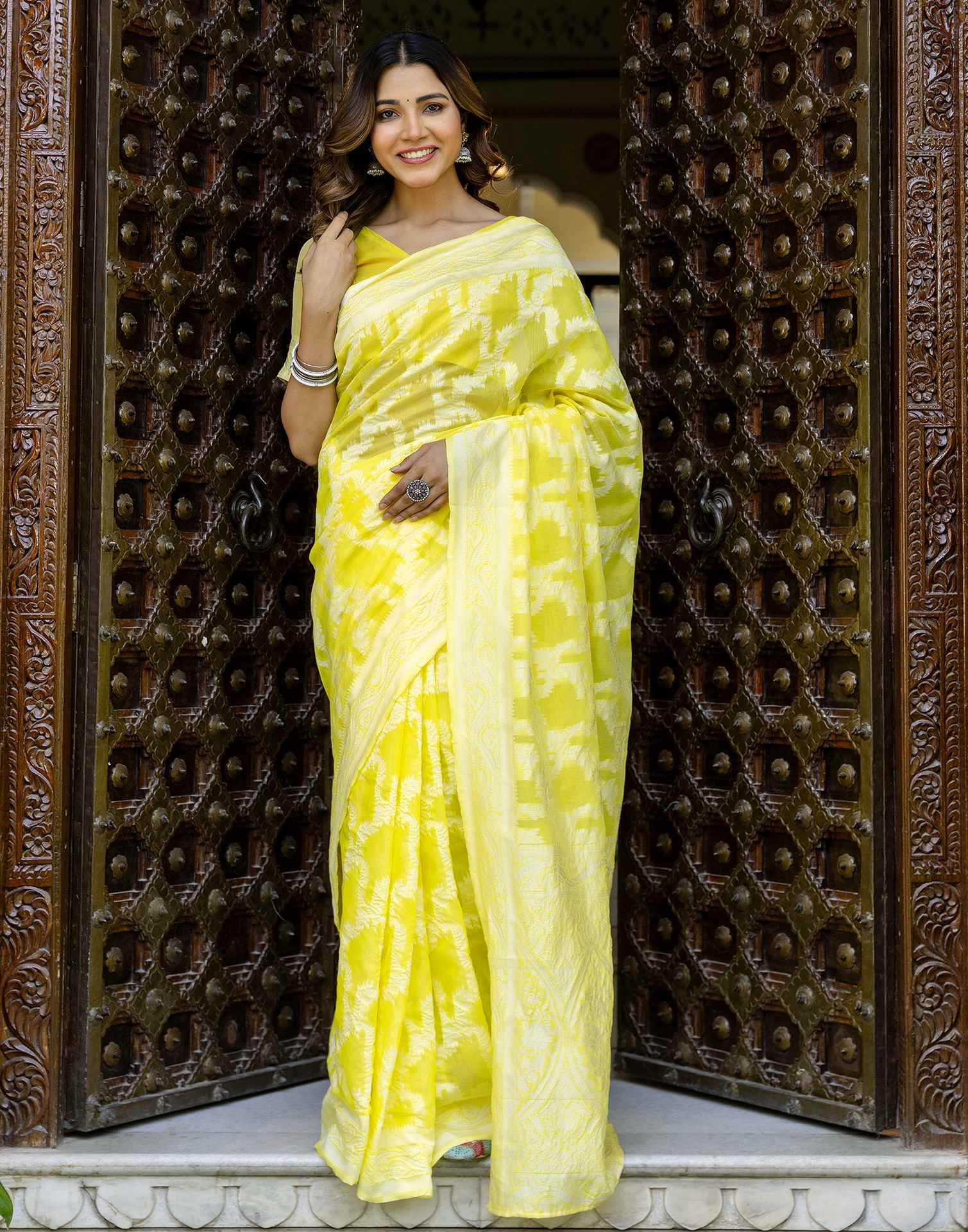 Bright Yellow Cotton Woven Saree - Image 2