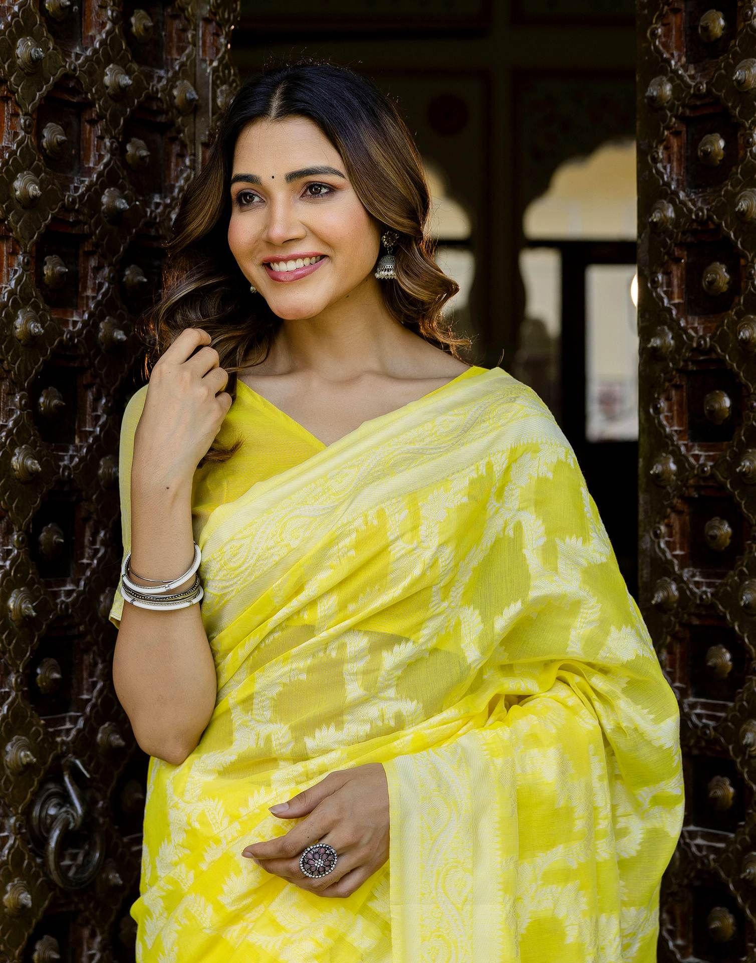 Bright Yellow Cotton Woven Saree - Image 4