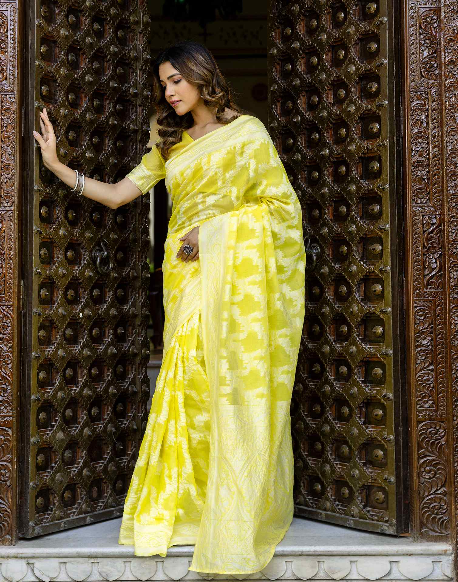 Bright Yellow Cotton Woven Saree - Image 5