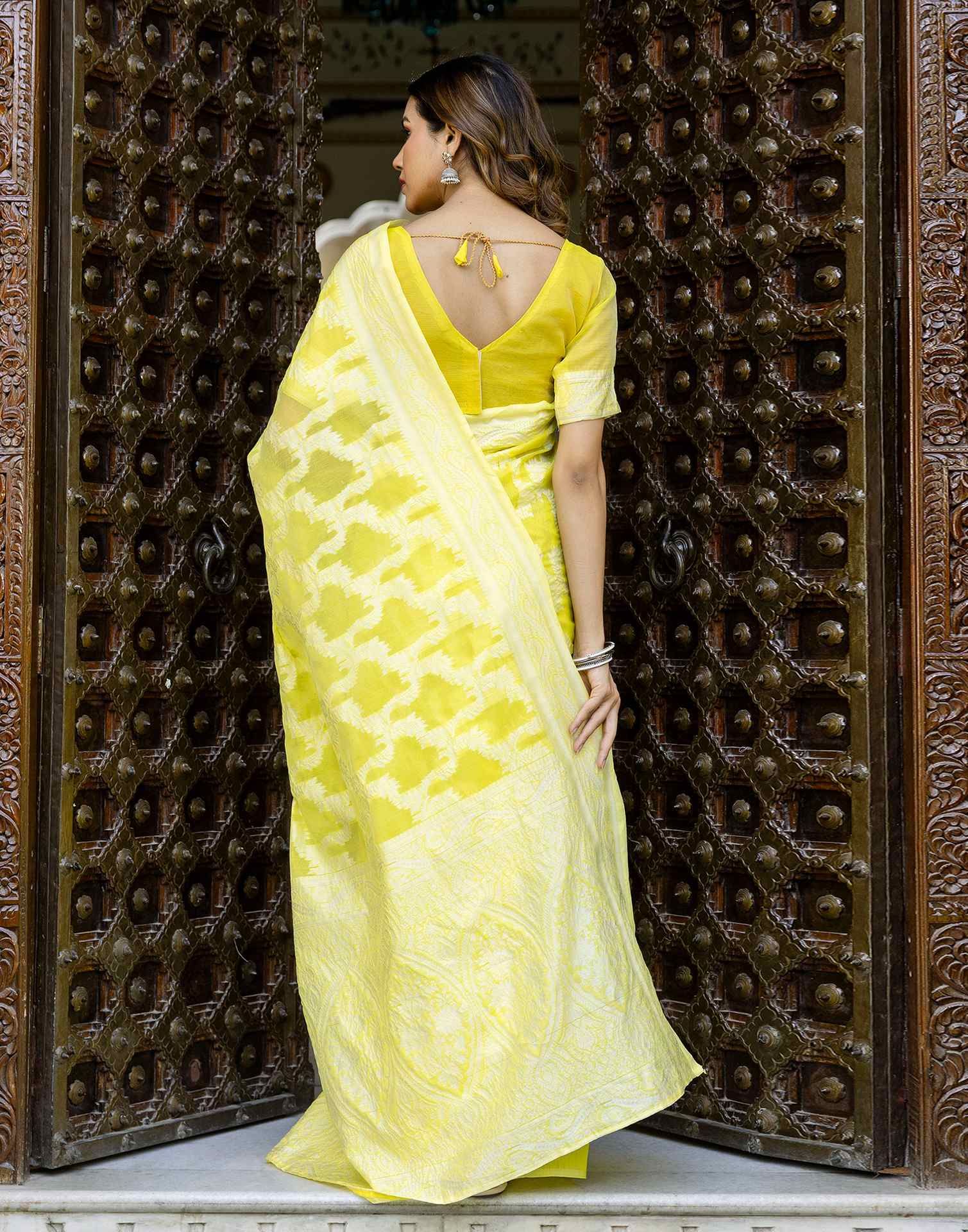 Bright Yellow Cotton Woven Saree - Image 7