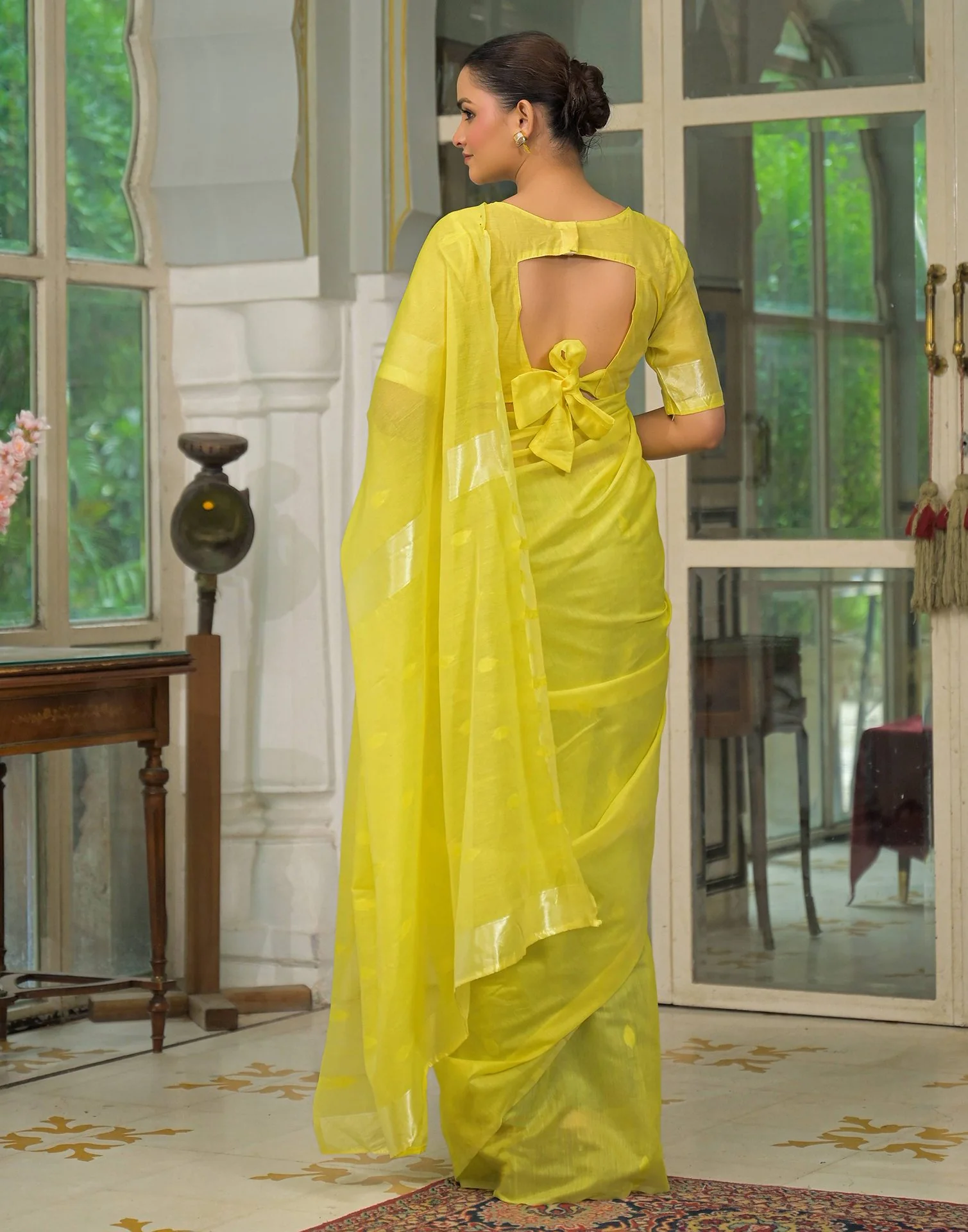 Bright Yellow Silk Woven Plain Saree - Image 8