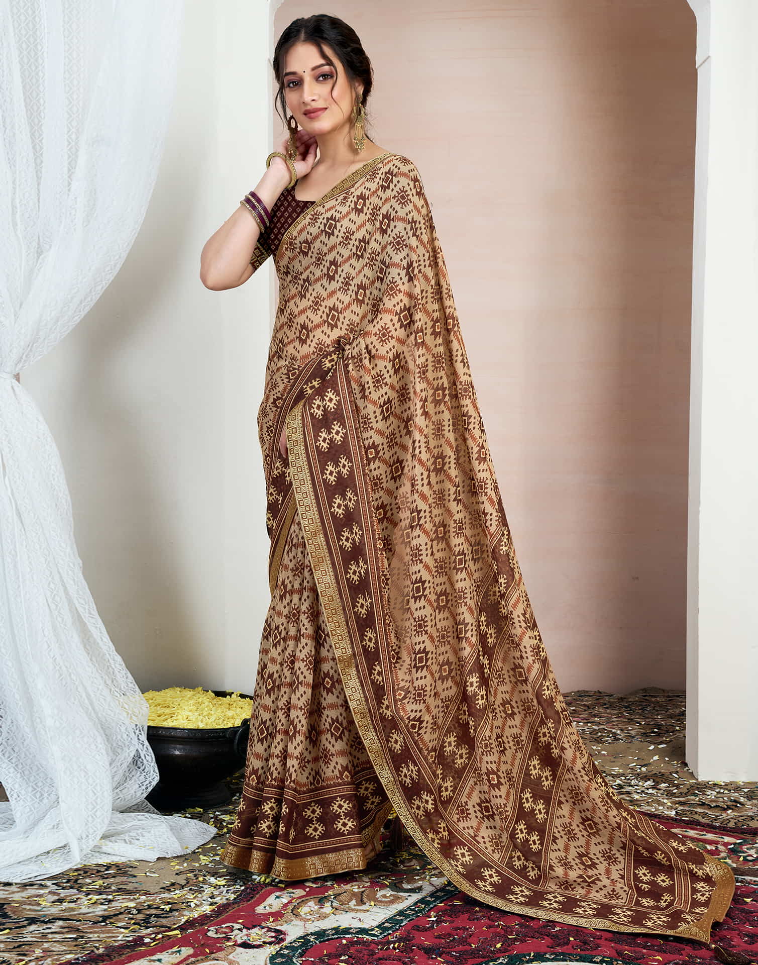 Brown Chiffon Ikkat Printed Saree - Image 4