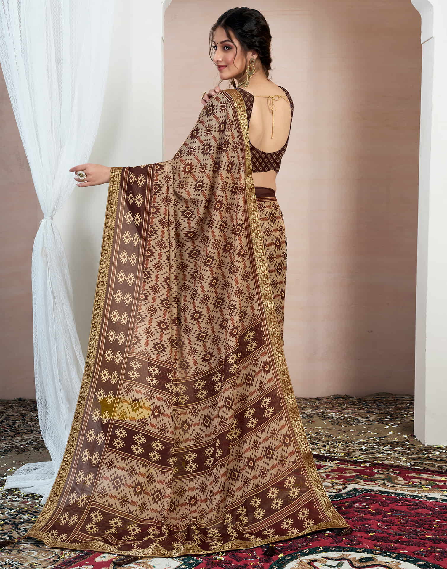Brown Chiffon Ikkat Printed Saree - Image 6