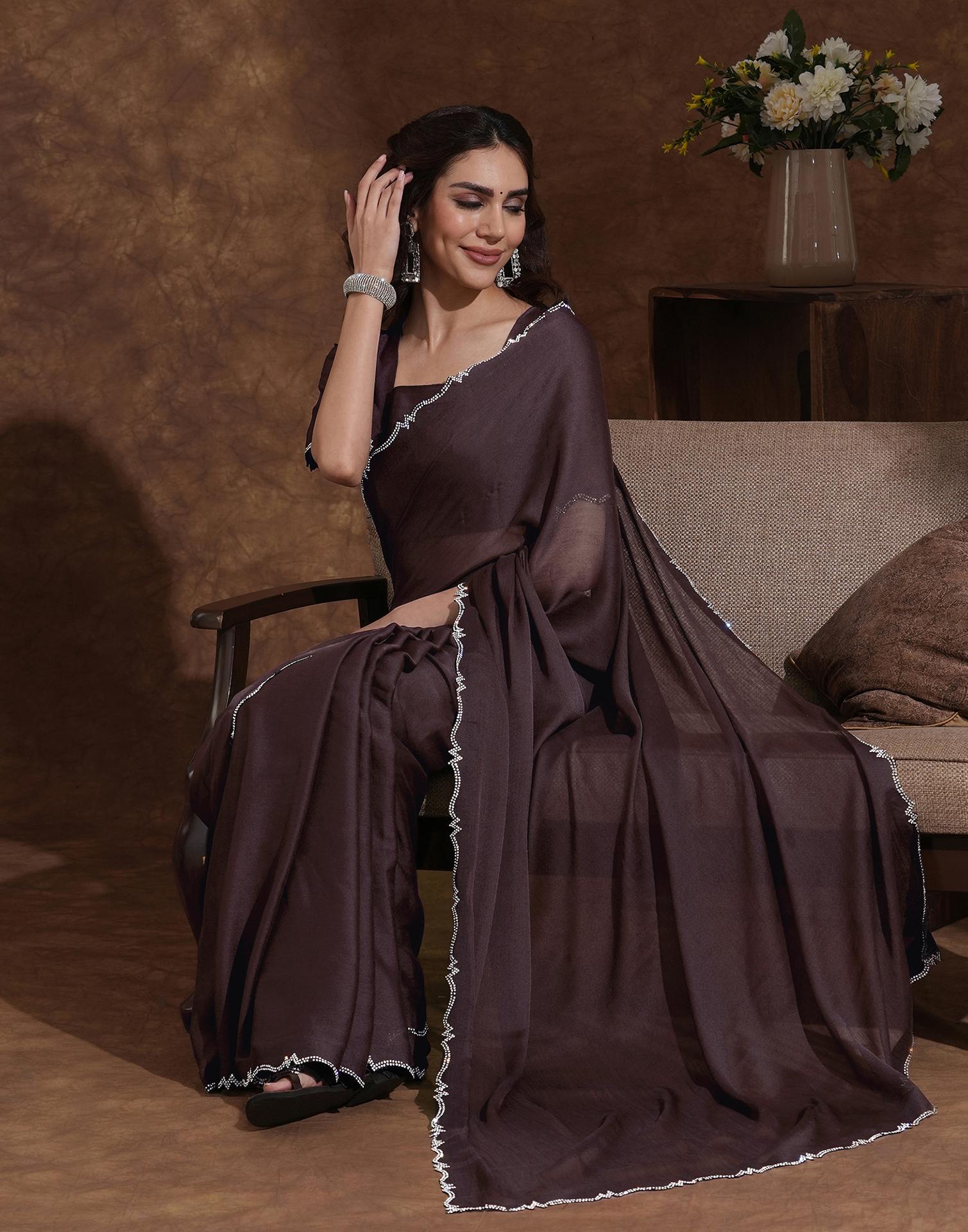 Brown Chiffon Stone Work Swarovski Saree - Image 5