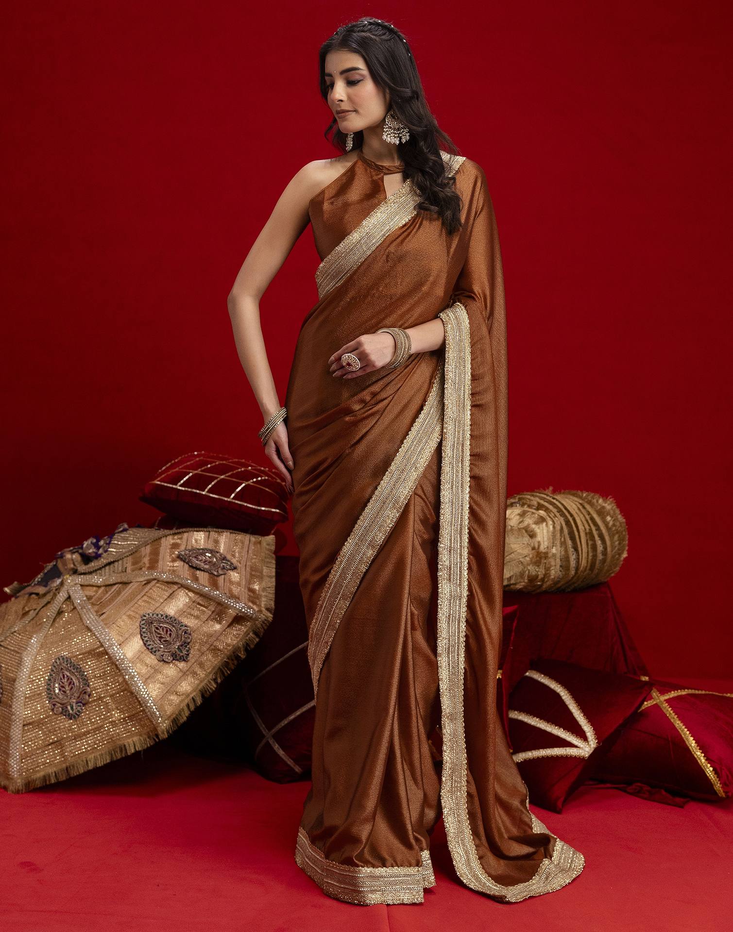 Brown Chinnon Silk Gota Lace Saree