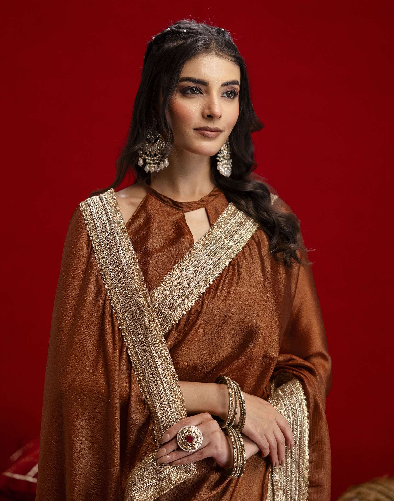 Brown Chinnon Silk Gota Lace Saree - Image 2