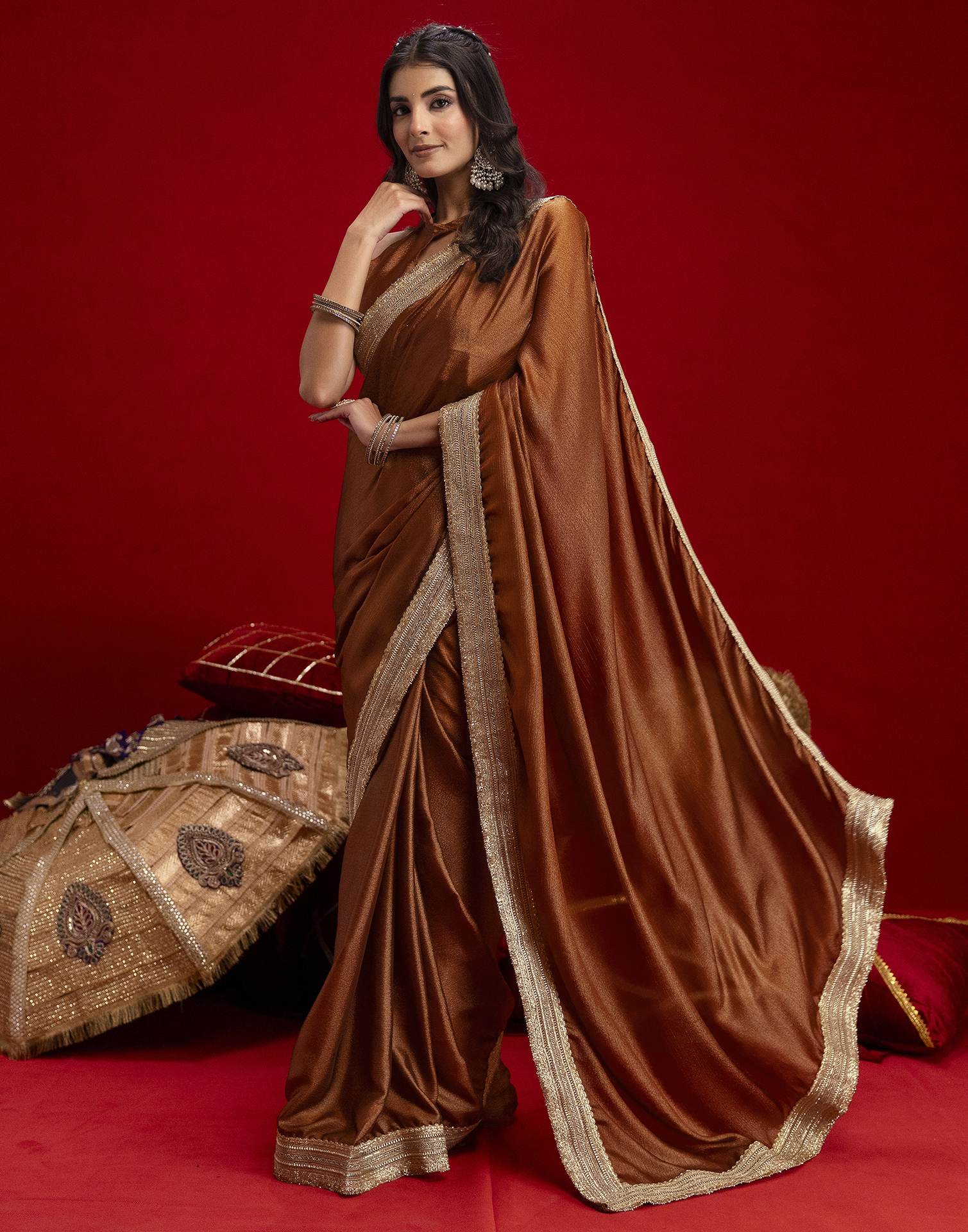 Brown Chinnon Silk Gota Lace Saree - Image 4