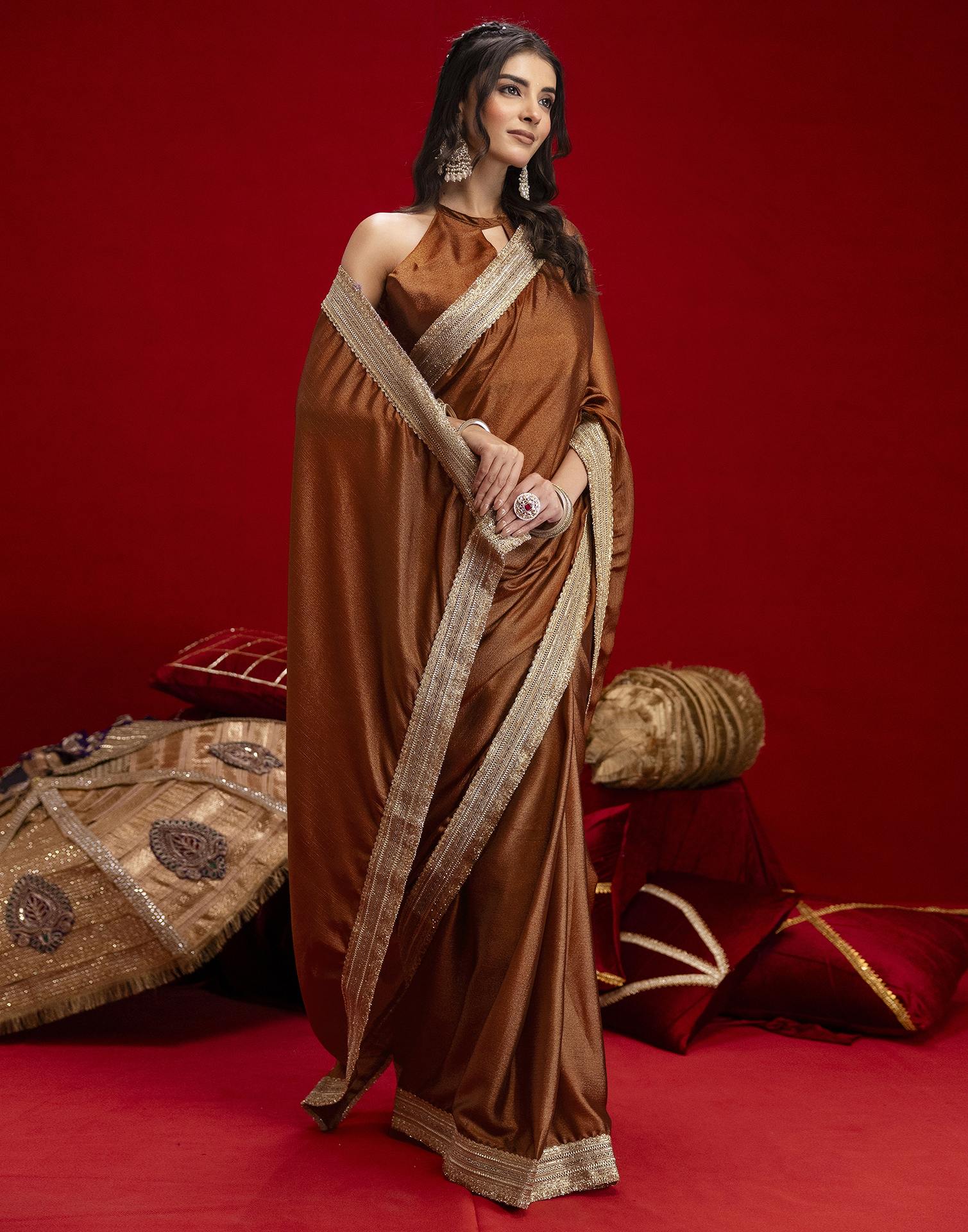 Brown Chinnon Silk Gota Lace Saree - Image 5