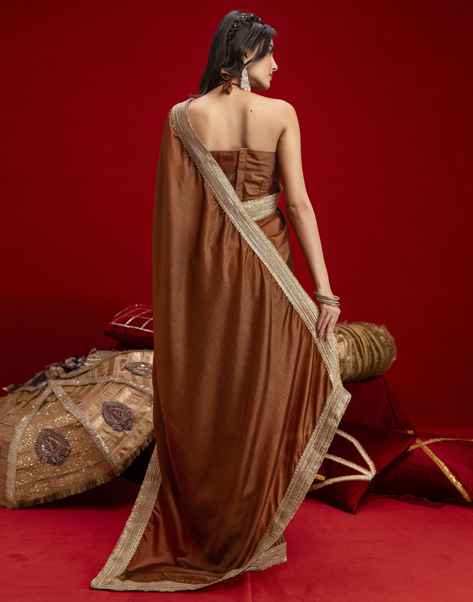 Brown Chinnon Silk Gota Lace Saree - Image 6